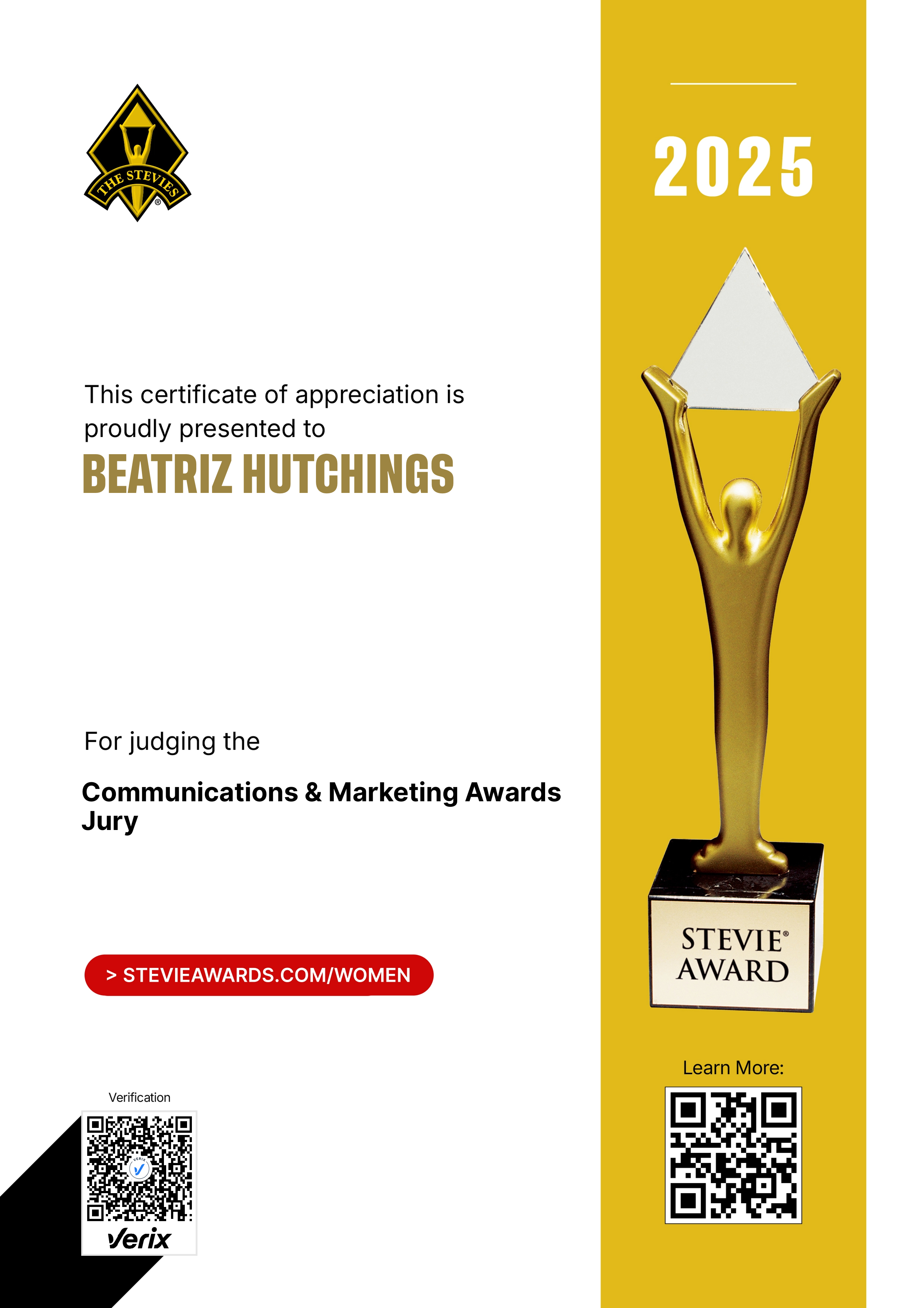Stevie® Awards for Women in Business Jury Certificate: Beatriz Hutchings