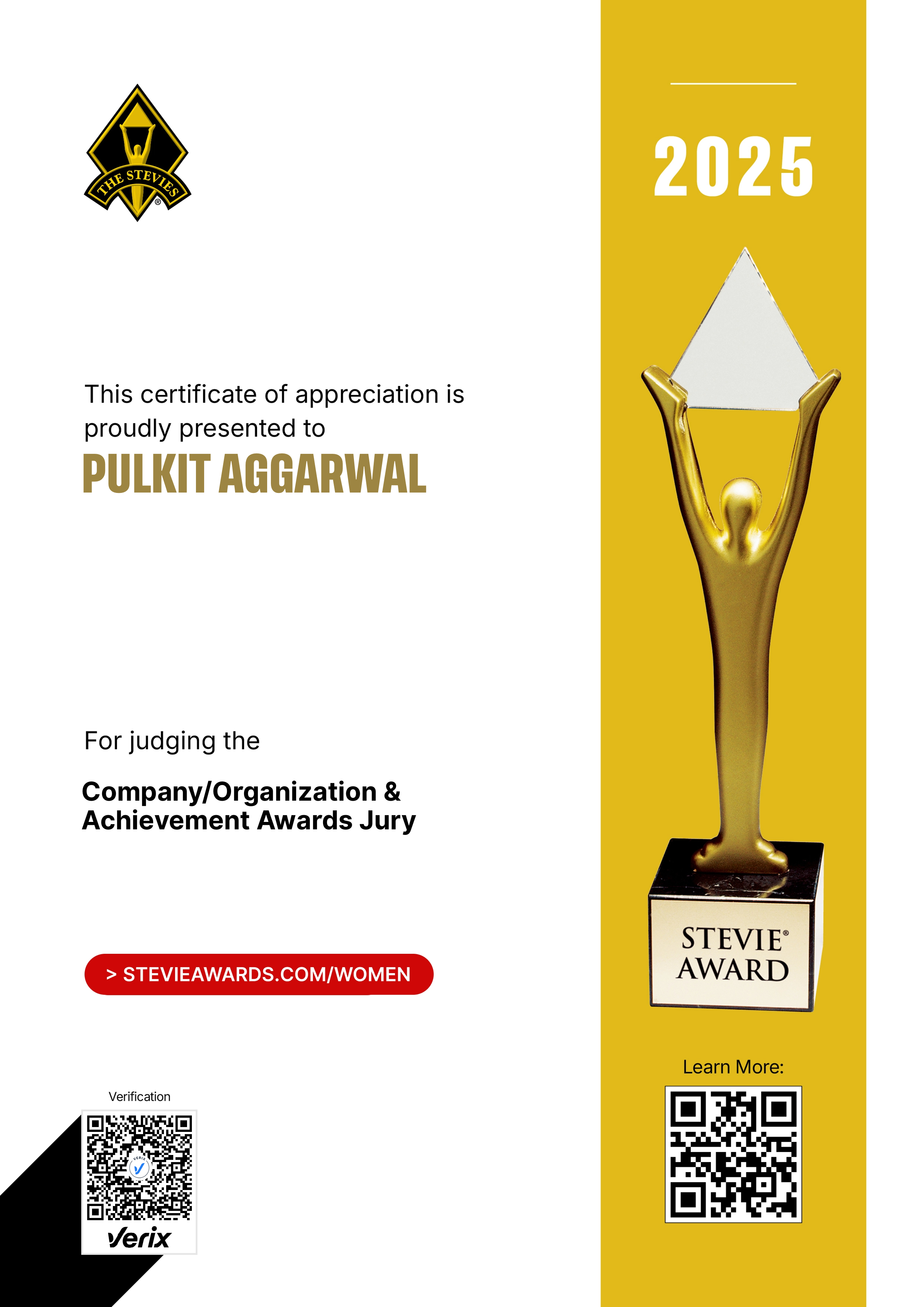 Stevie® Awards for Women in Business Jury Certificate: Pulkit Aggarwal