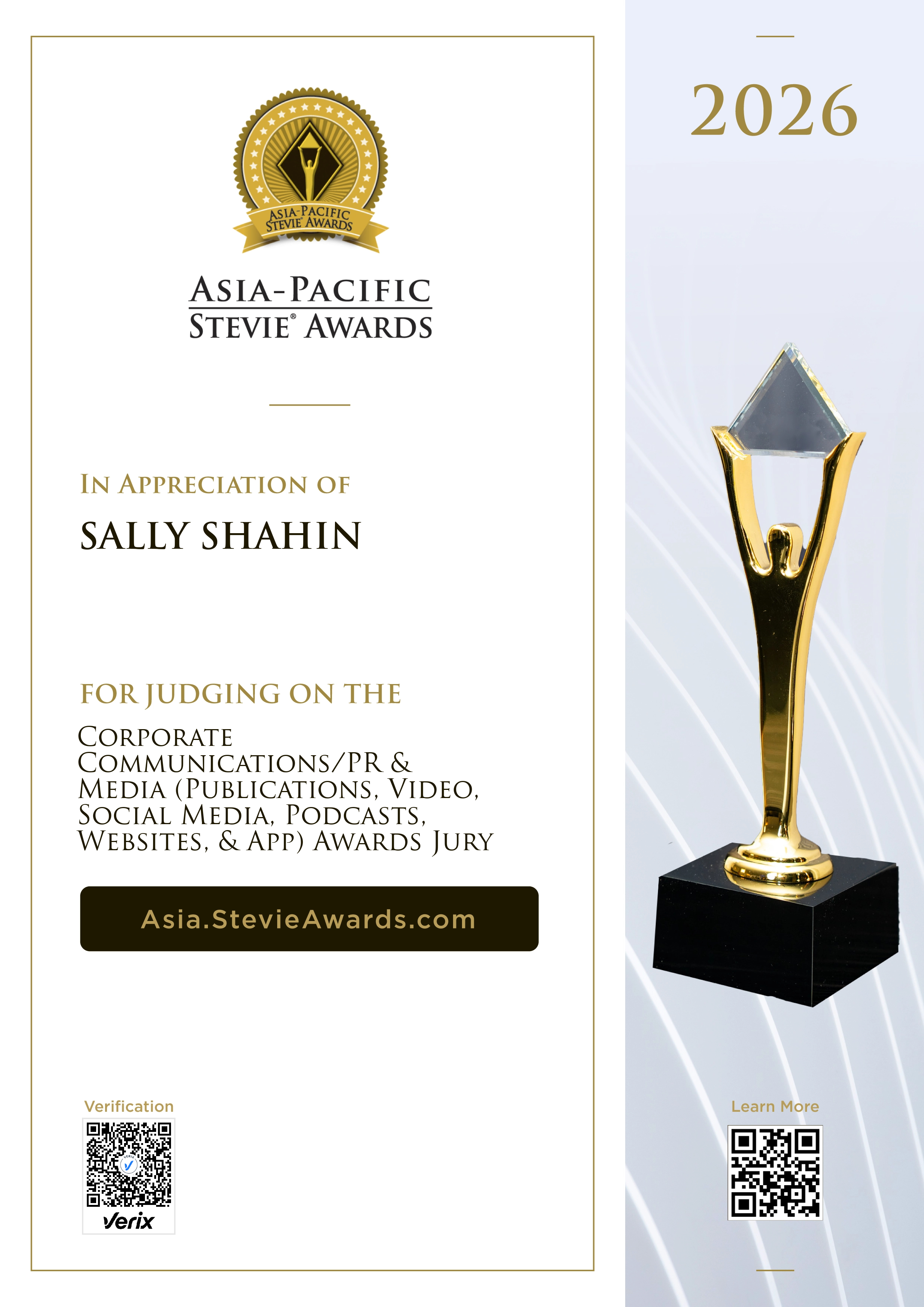 SALLY SHAHIN: Jury Certificate for the Asia-Pacific Stevie® Awards