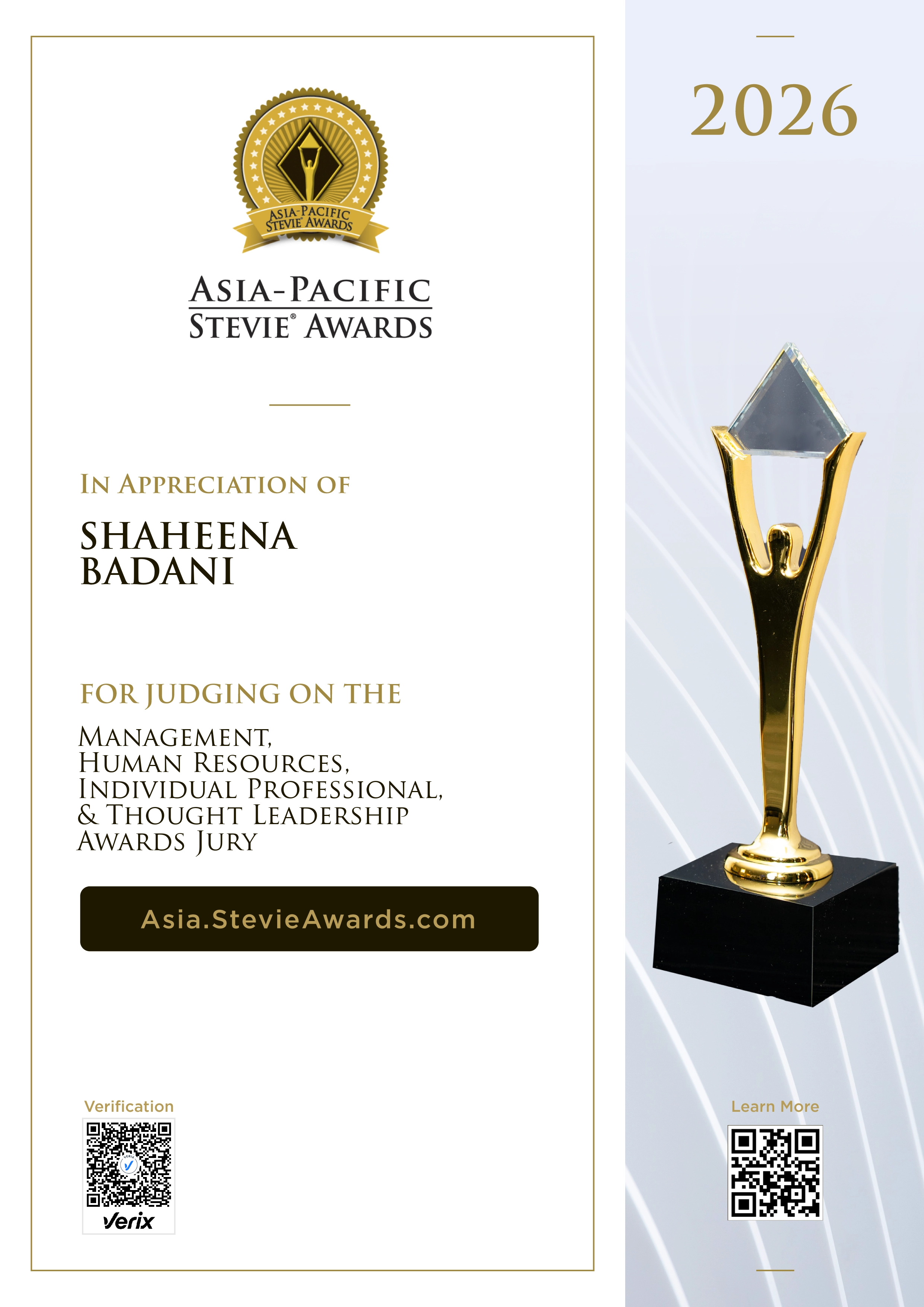 SHAHEENA BADANI: Jury Certificate for the Asia-Pacific Stevie® Awards