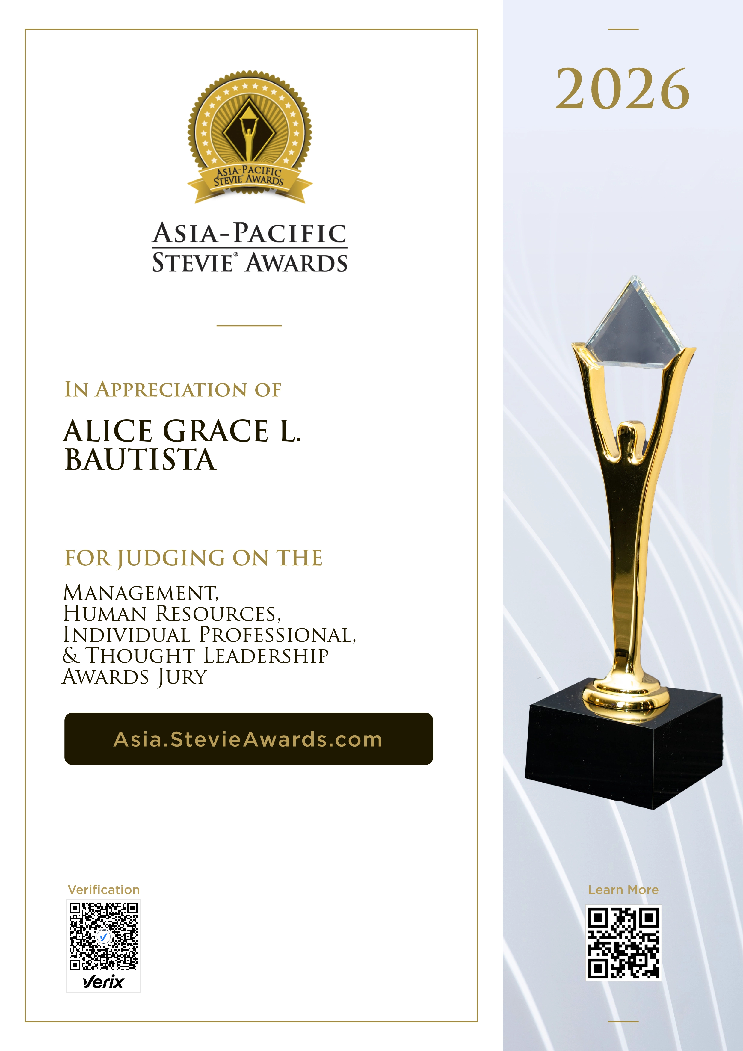 ALICE GRACE L. BAUTISTA: Jury Certificate for the Asia-Pacific Stevie® Awards