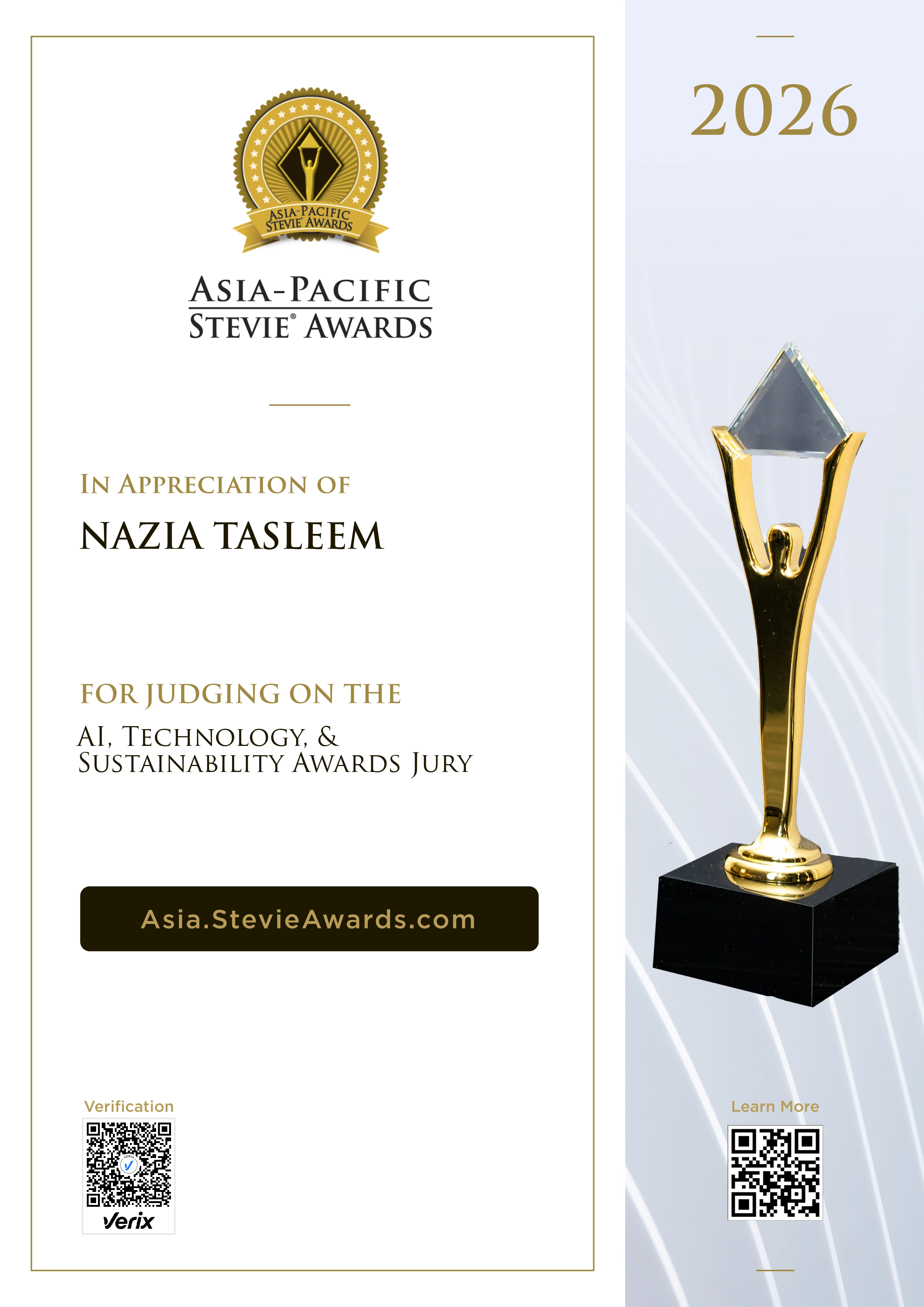 NAZIA TASLEEM: Jury Certificate for the Asia-Pacific Stevie® Awards