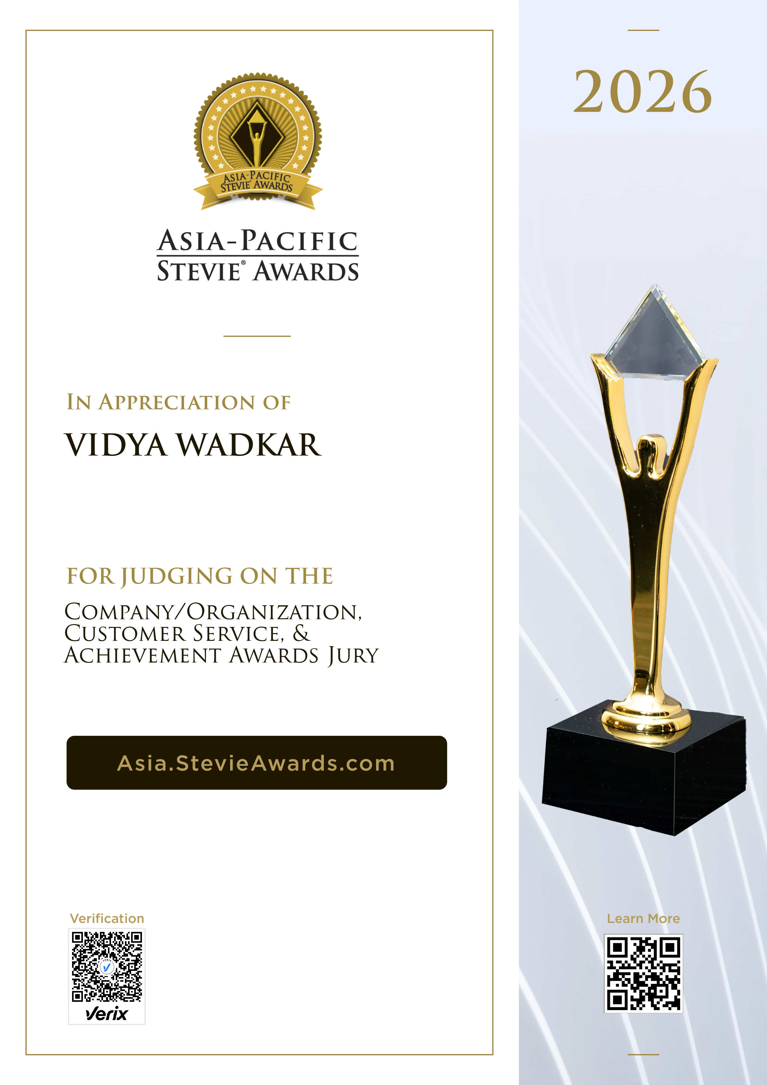 VIDYA WADKAR: Jury Certificate for the Asia-Pacific Stevie® Awards