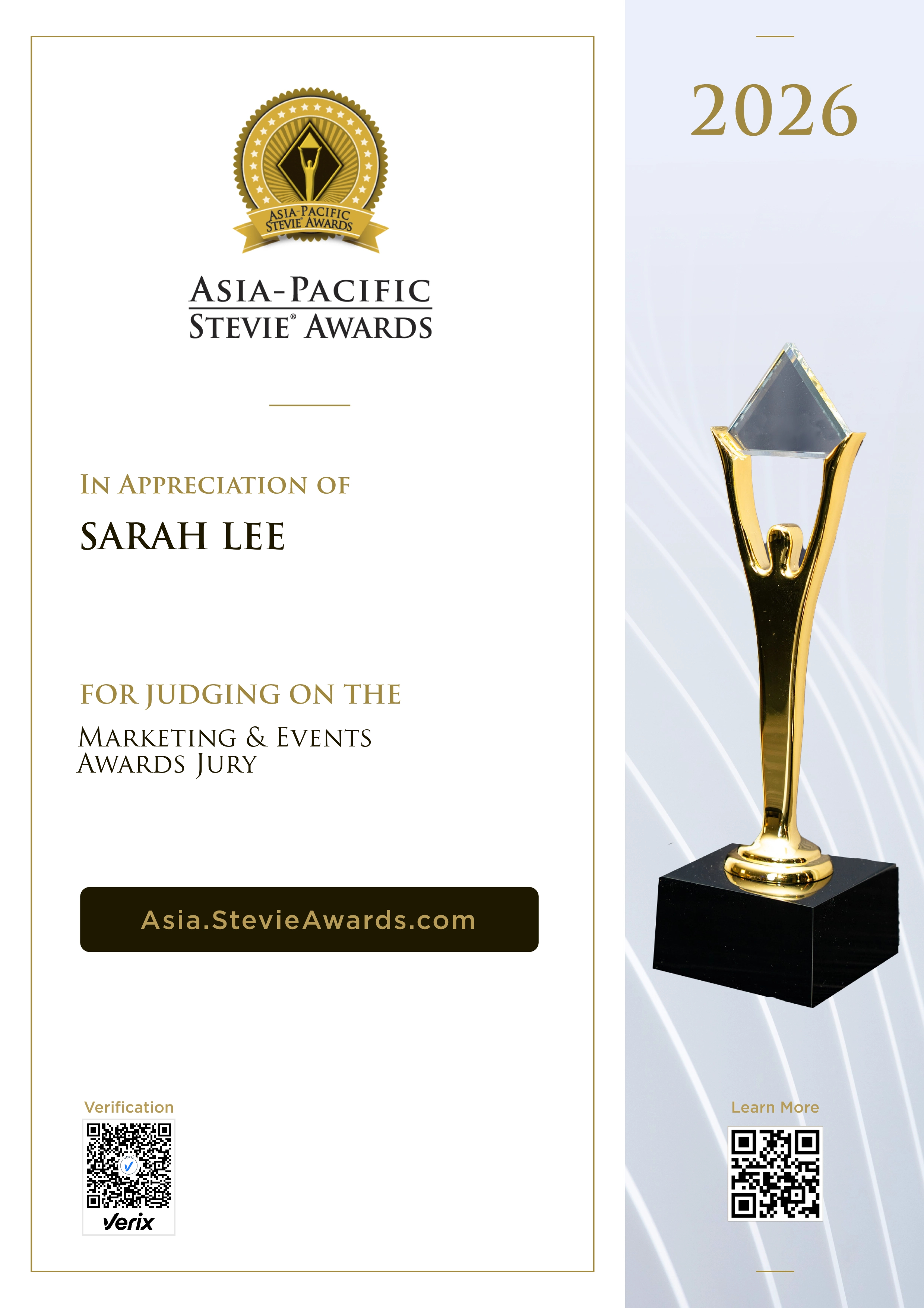 SARAH LEE: Jury Certificate for the Asia-Pacific Stevie® Awards