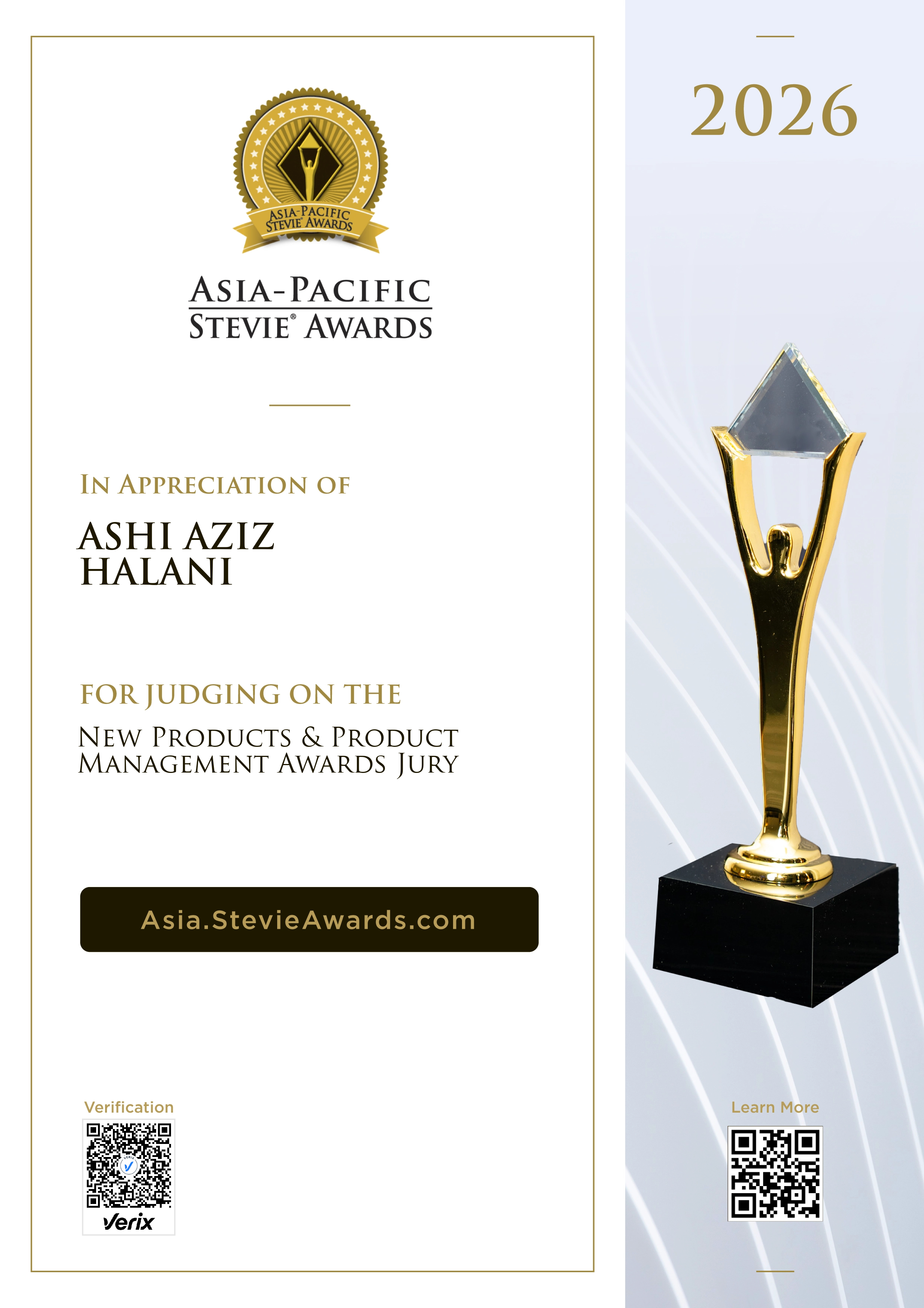 ASHI AZIZ HALANI: Jury Certificate for the Asia-Pacific Stevie® Awards