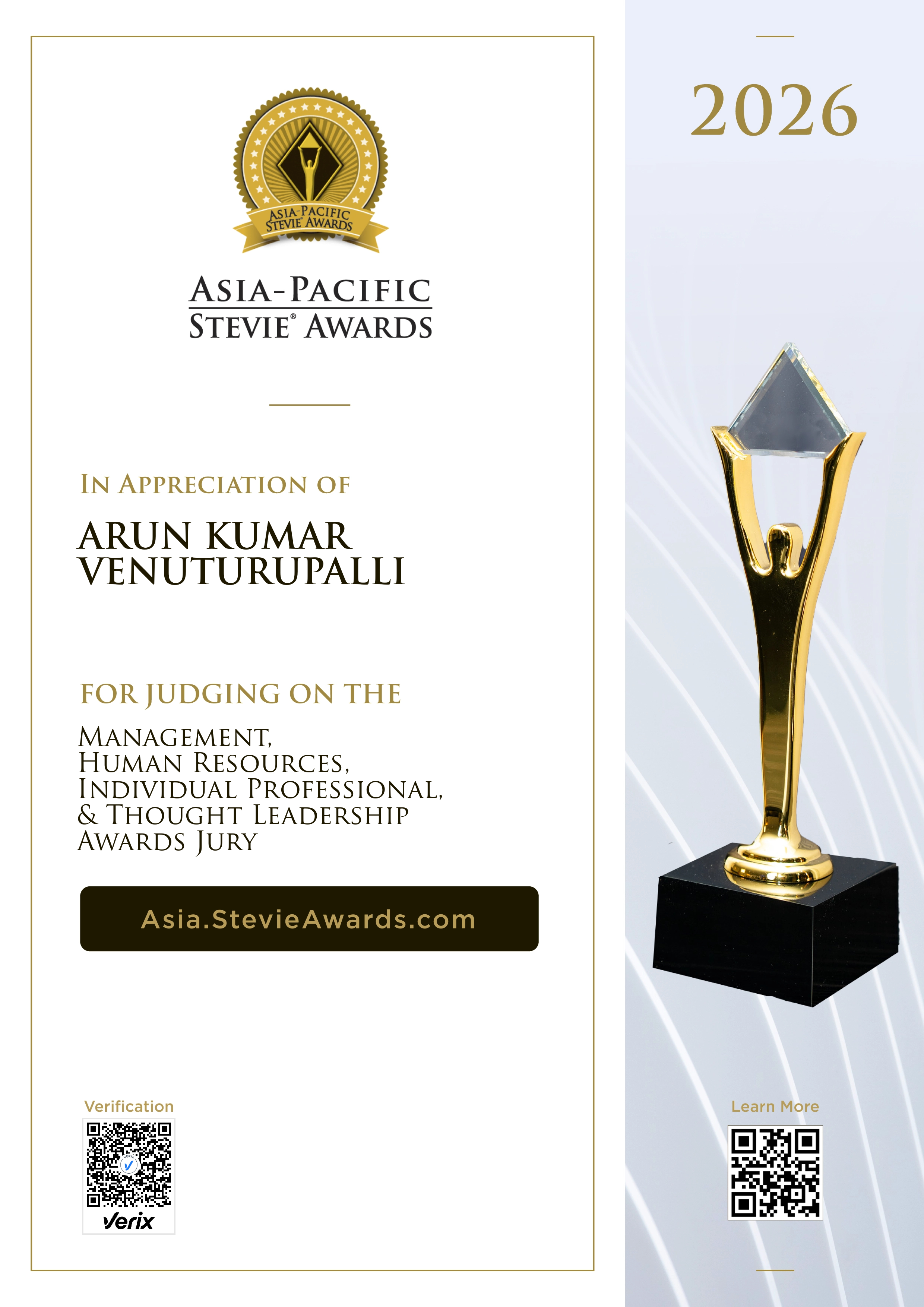 ARUN KUMAR VENUTURUPALLI: Jury Certificate for the Asia-Pacific Stevie® Awards