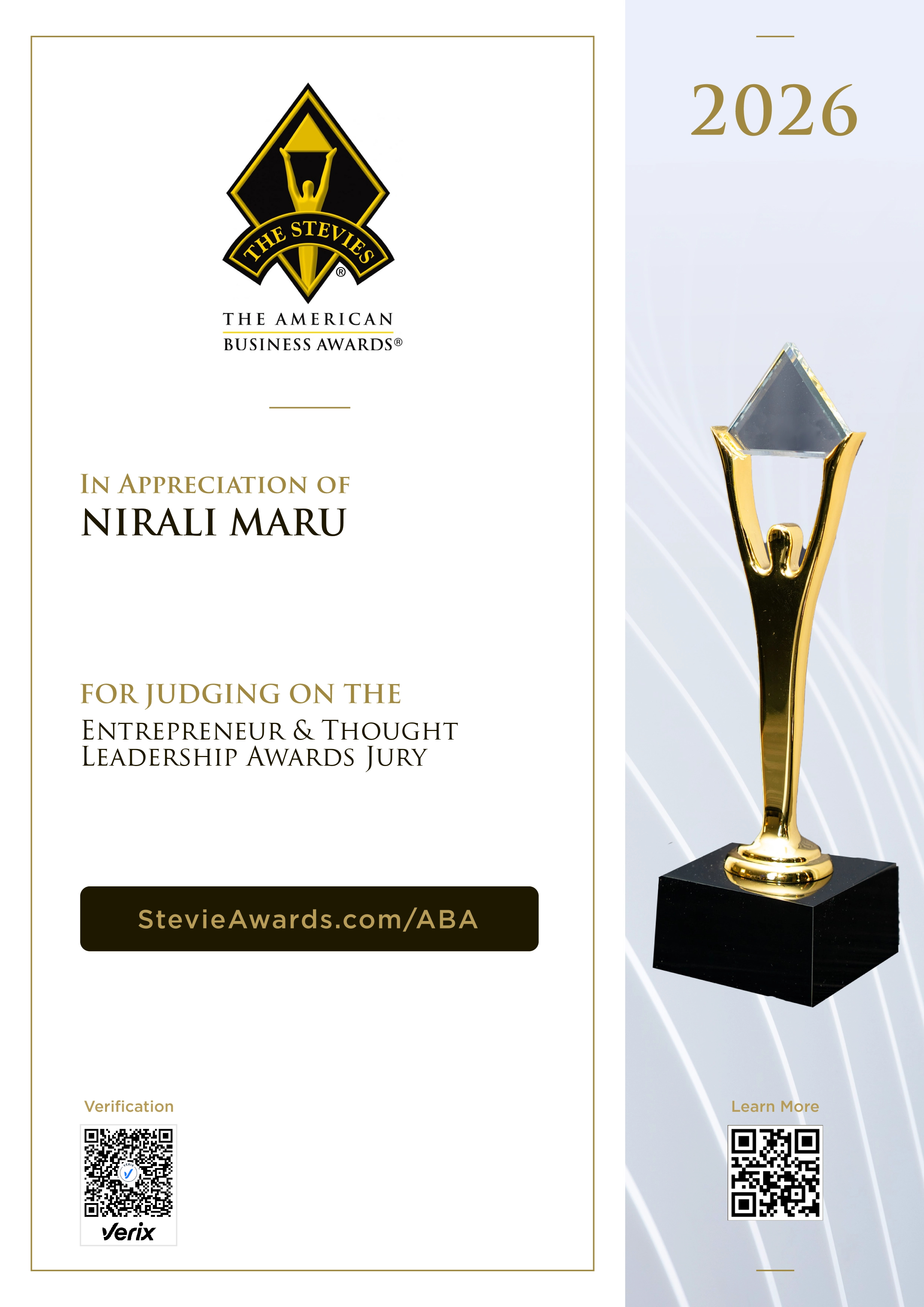 Jury Certificate for the American Business Awards®