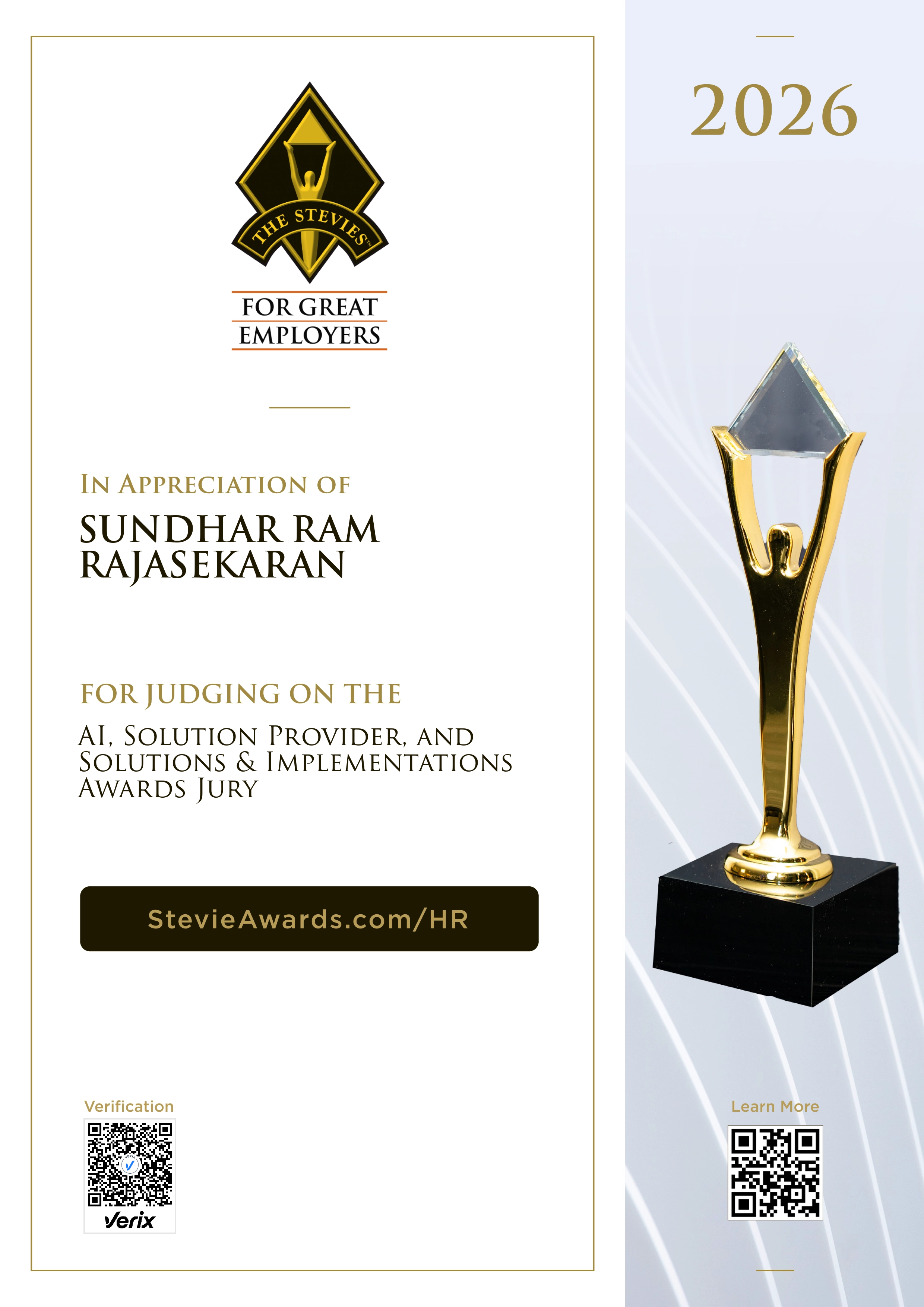 Jury Certificate for the 2026 Stevie® Awards for Great Employers