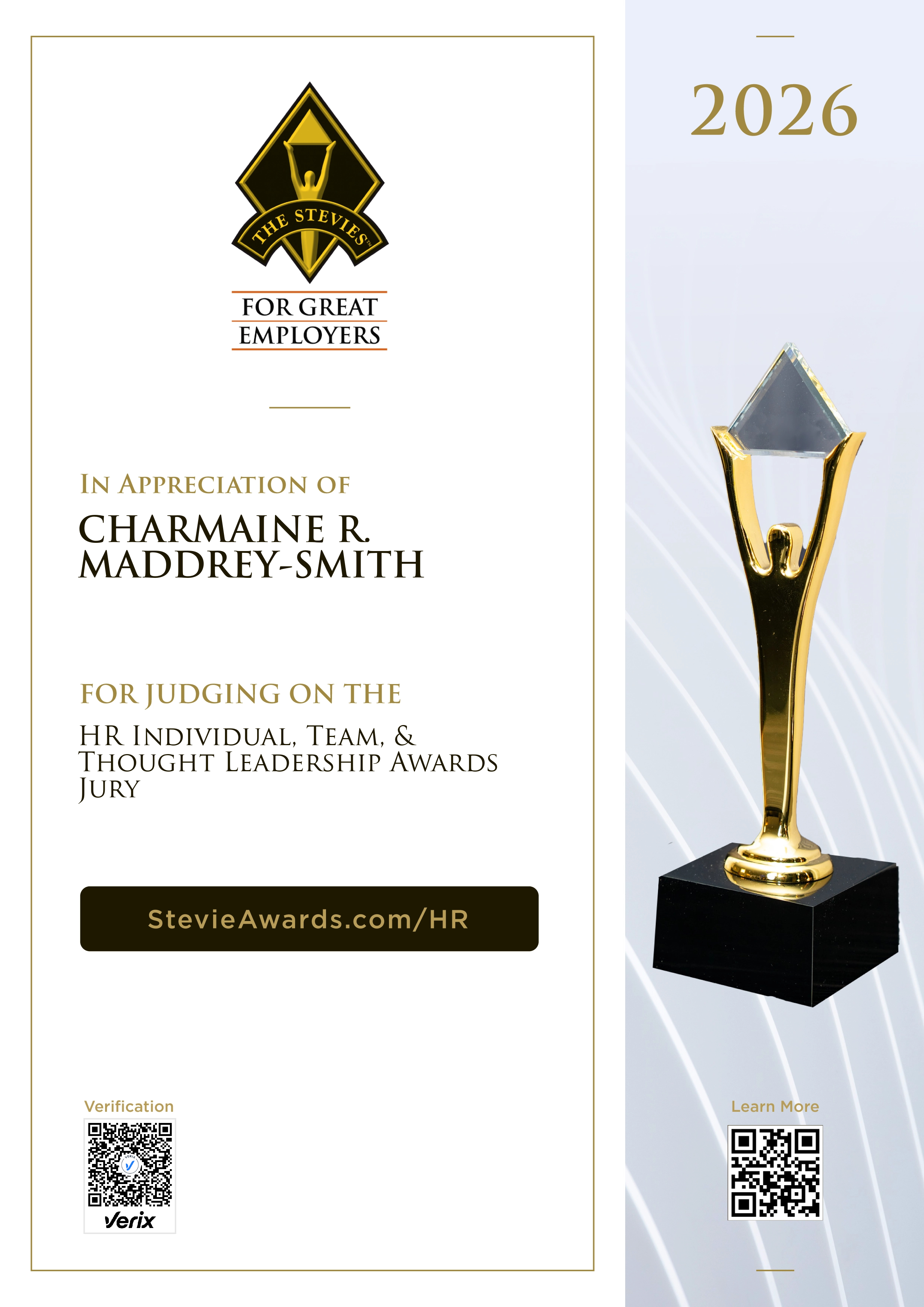 Jury Certificate for the 2026 Stevie® Awards for Great Employers