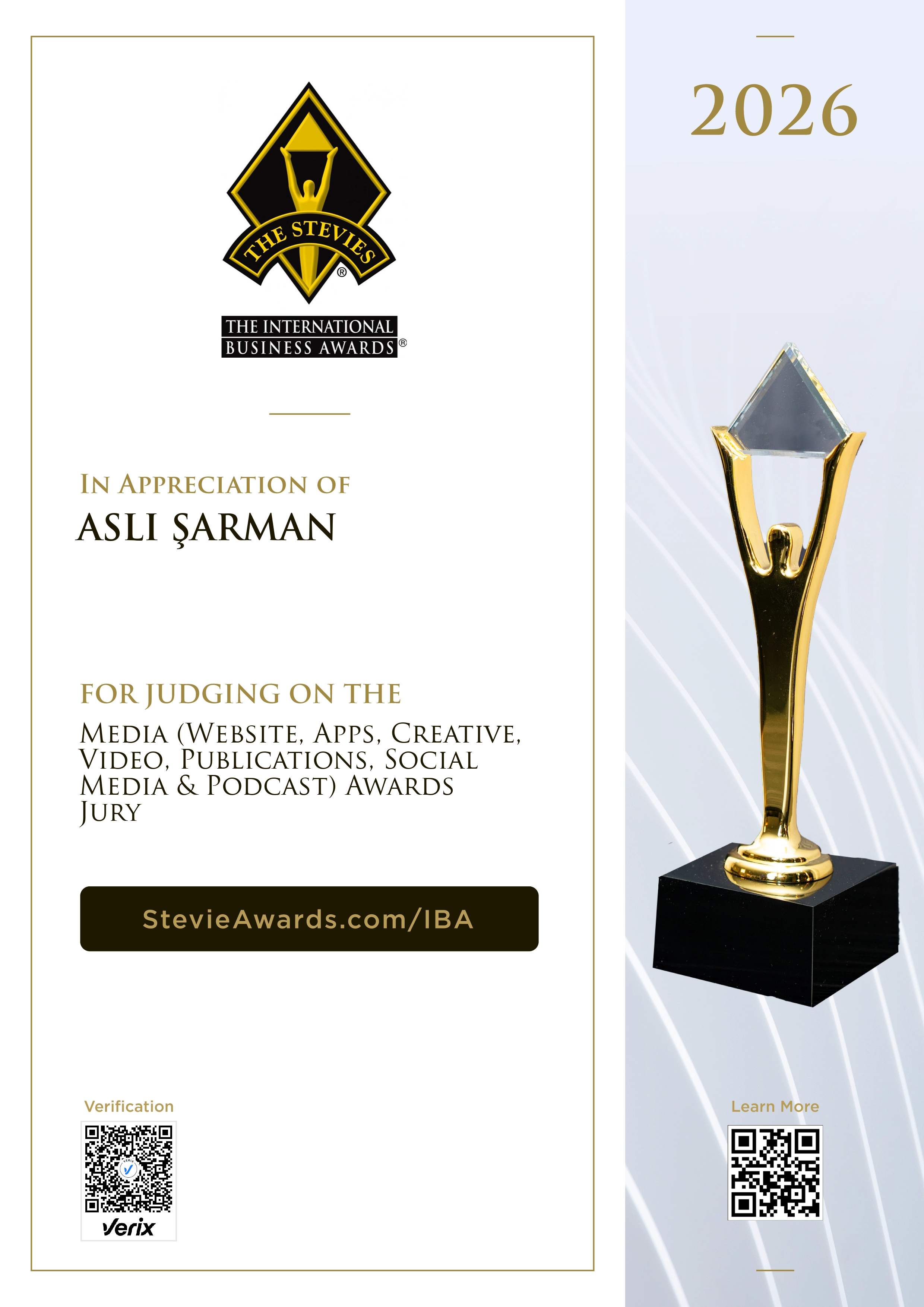 Chair Certificate for the International Business Awards® 2026
