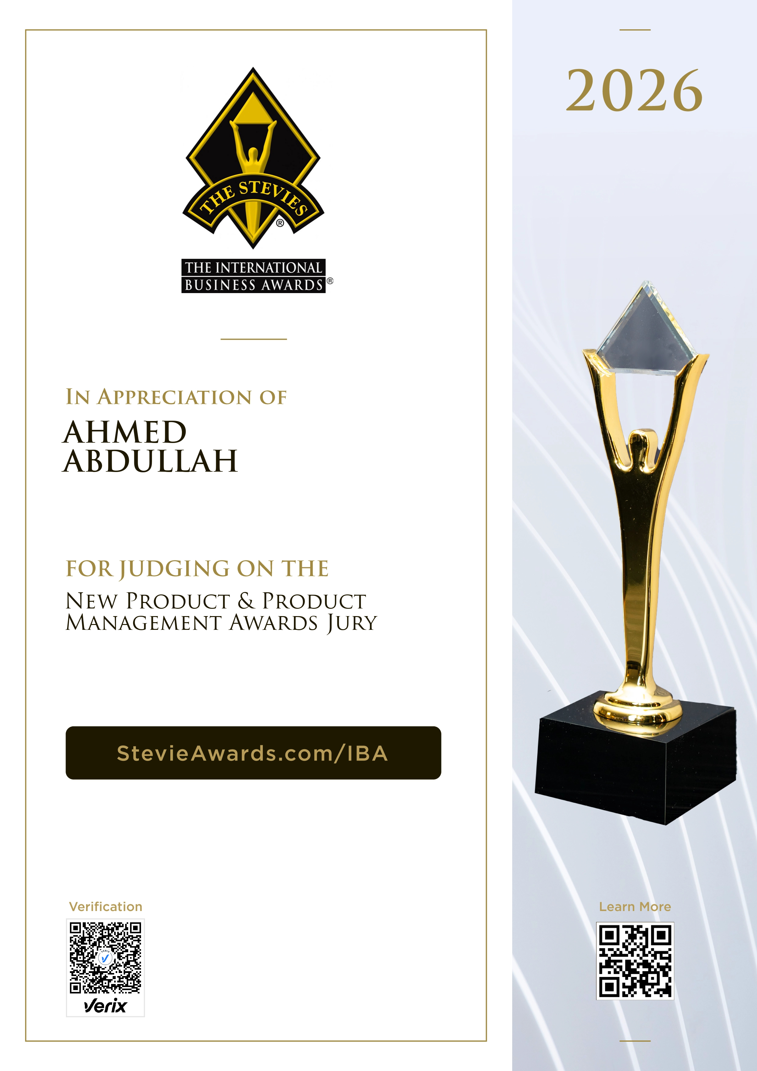 Chair Certificate for the International Business Awards® 2026