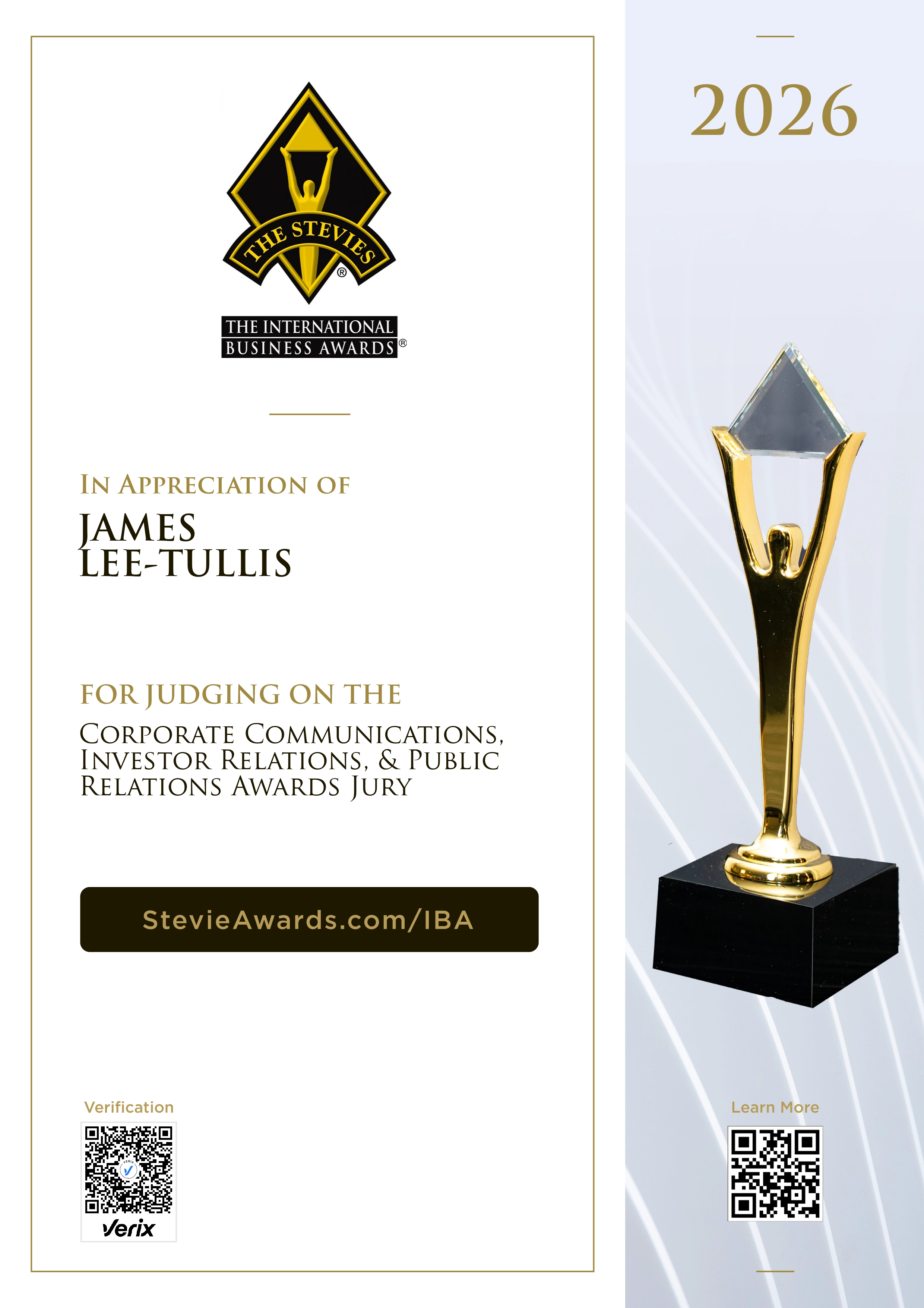 Chair Certificate for the International Business Awards® 2026