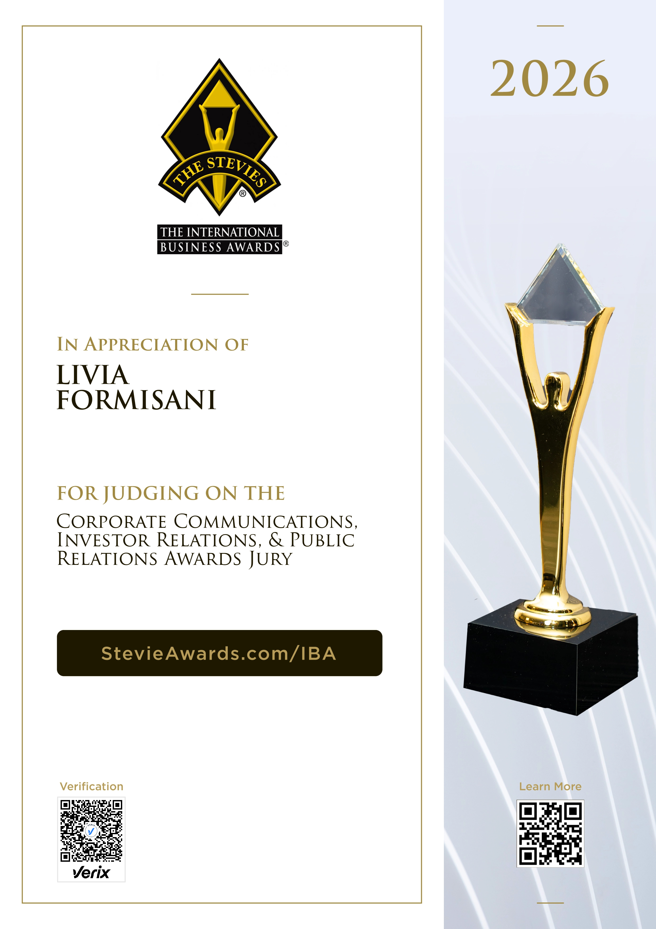 Chair Certificate for the International Business Awards® 2026