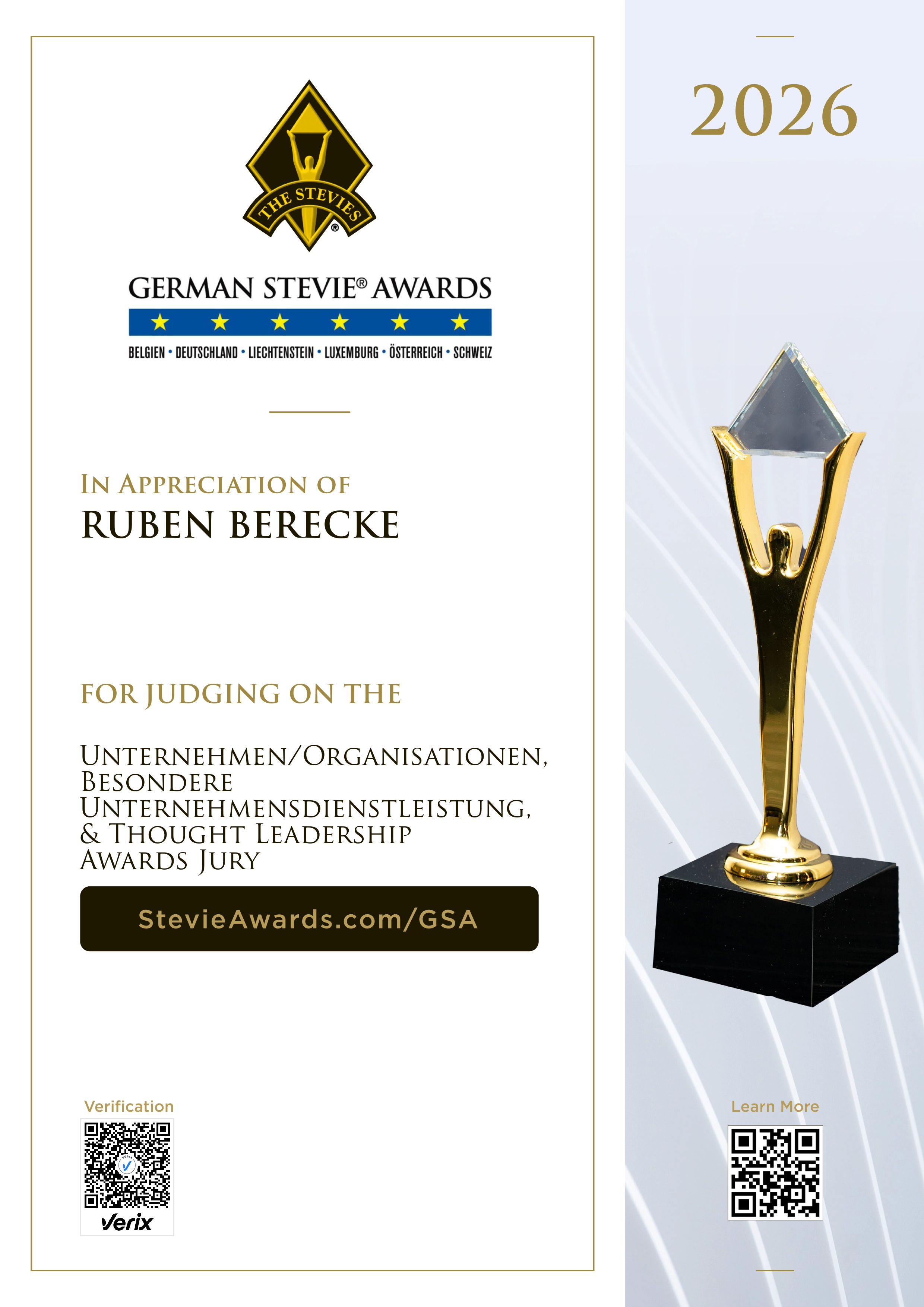Jury Certificate for the German Stevie Awards 2026