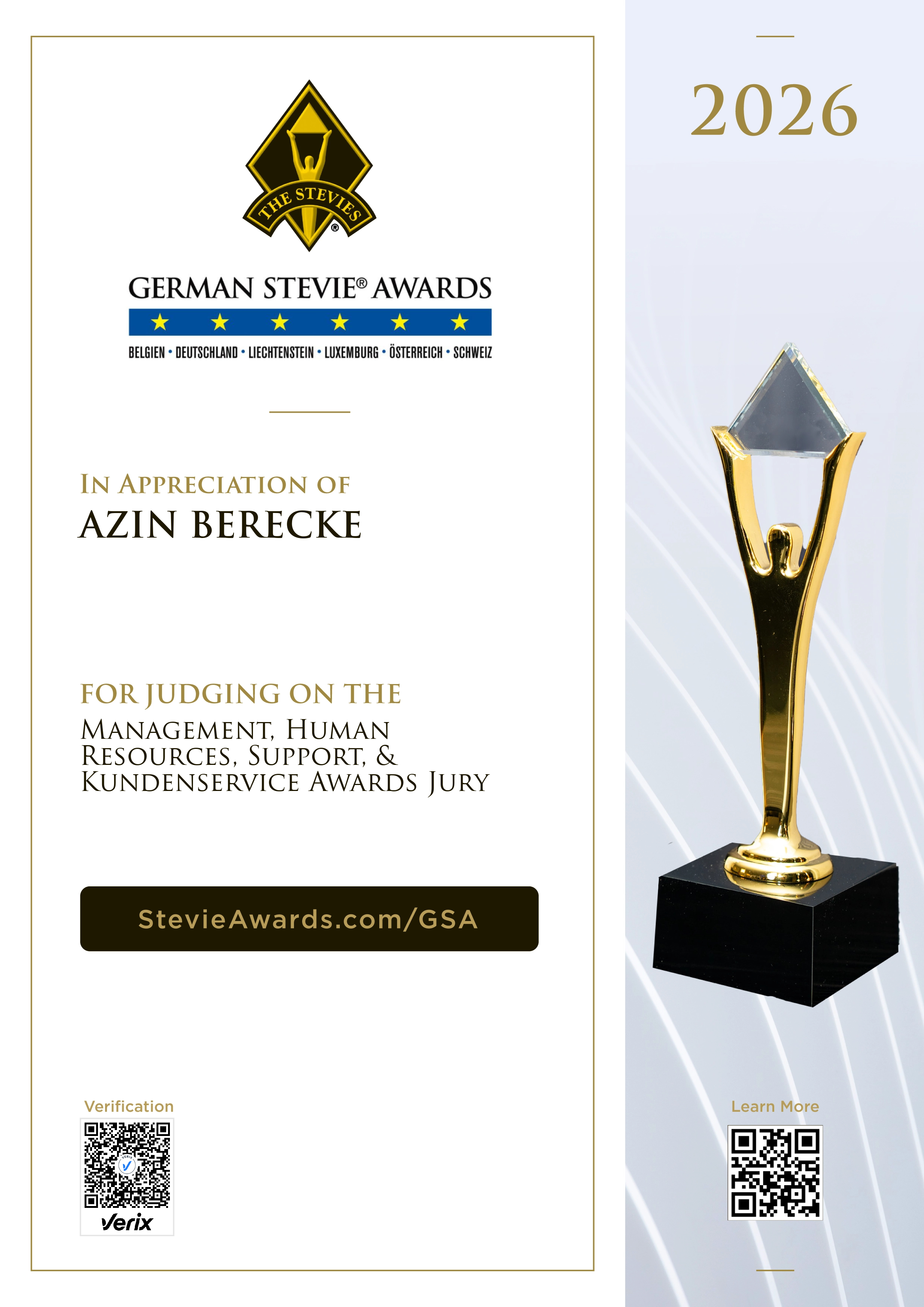 Jury Certificate for the German Stevie Awards 2026