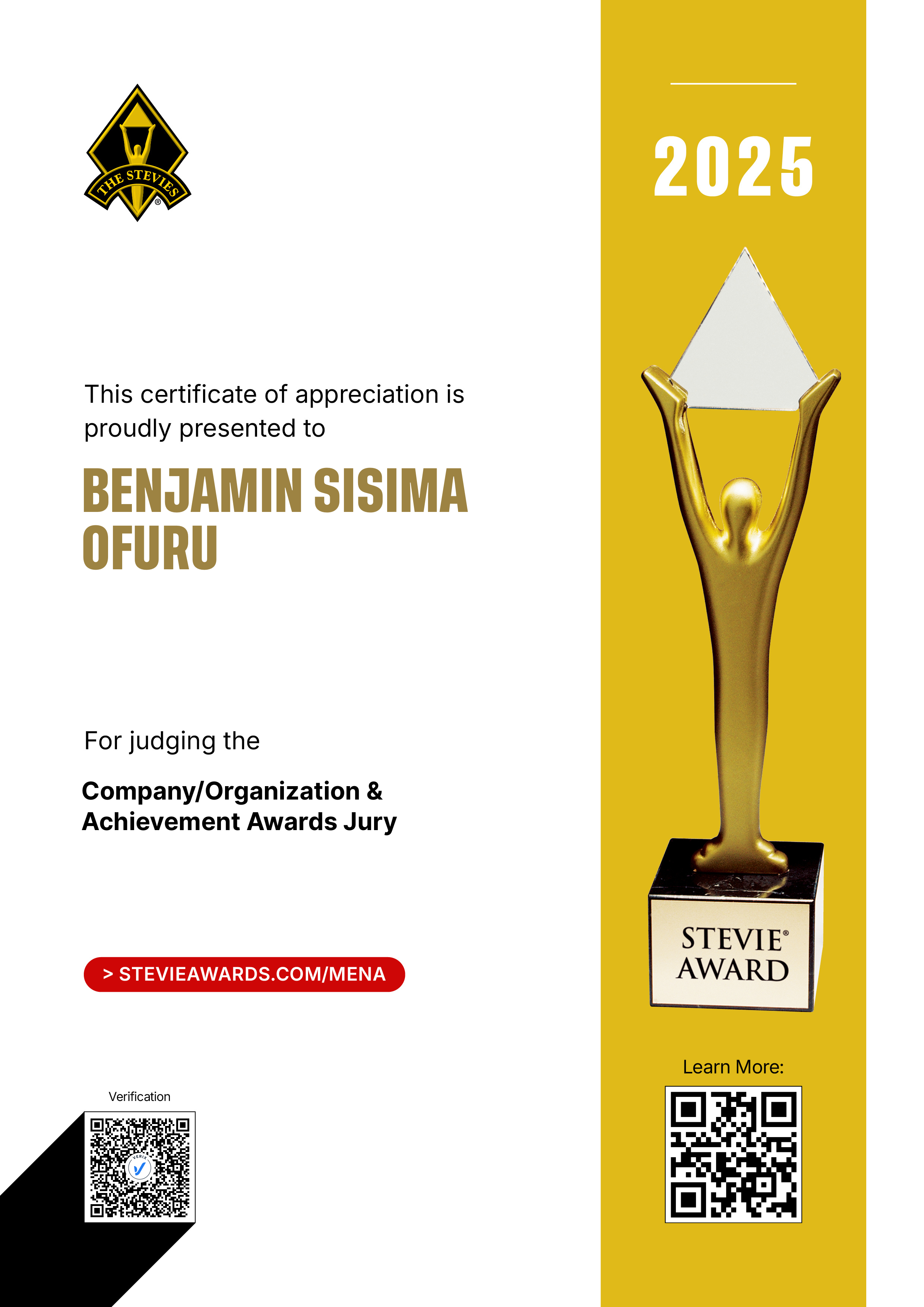 Middle East & North Africa Stevie® Awards: Benjamin Sisima Ofuru