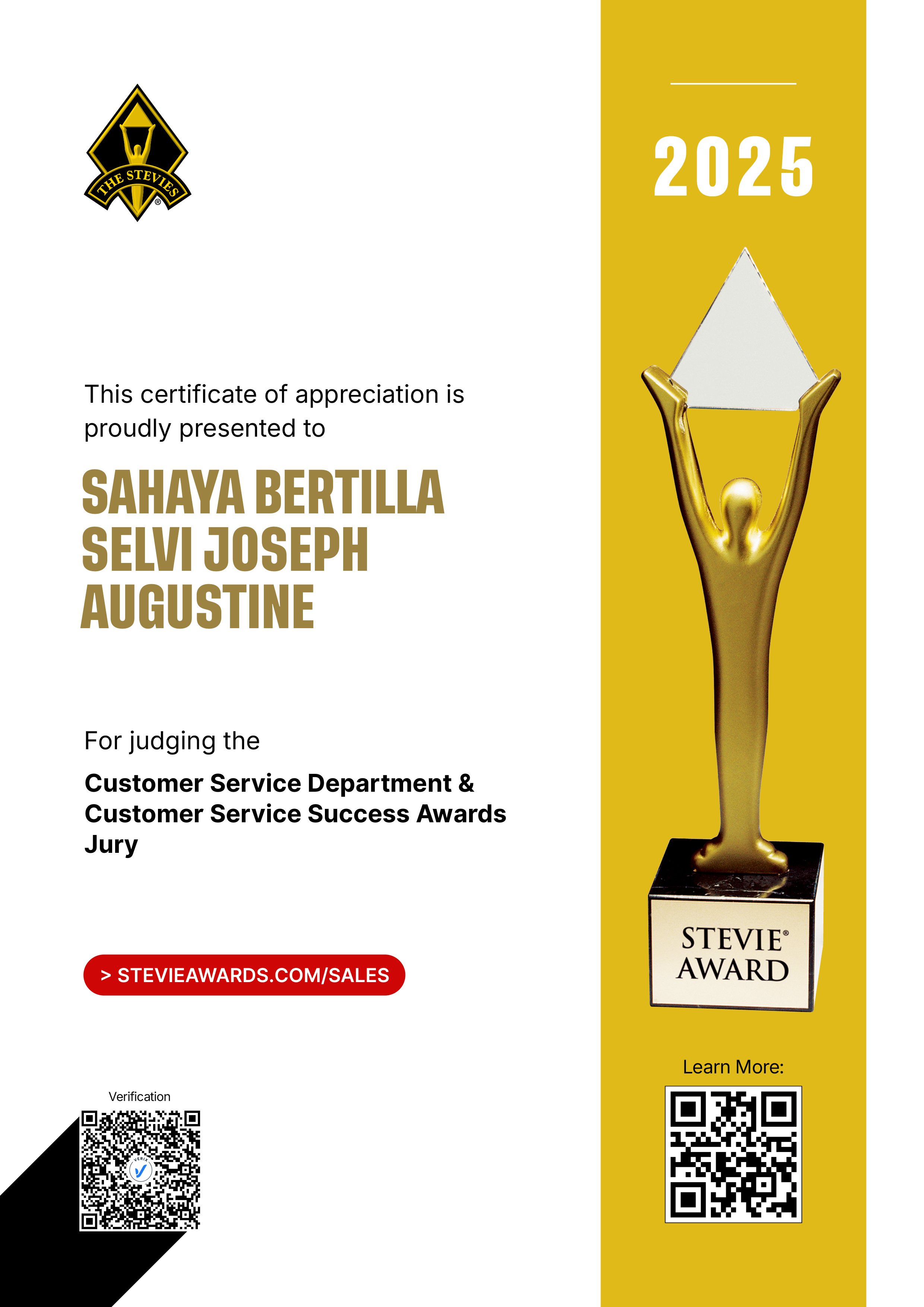 Stevie Awards for Sales & Customer Service Jury Certificate: Sahaya Bertilla Selvi Joseph Augustine