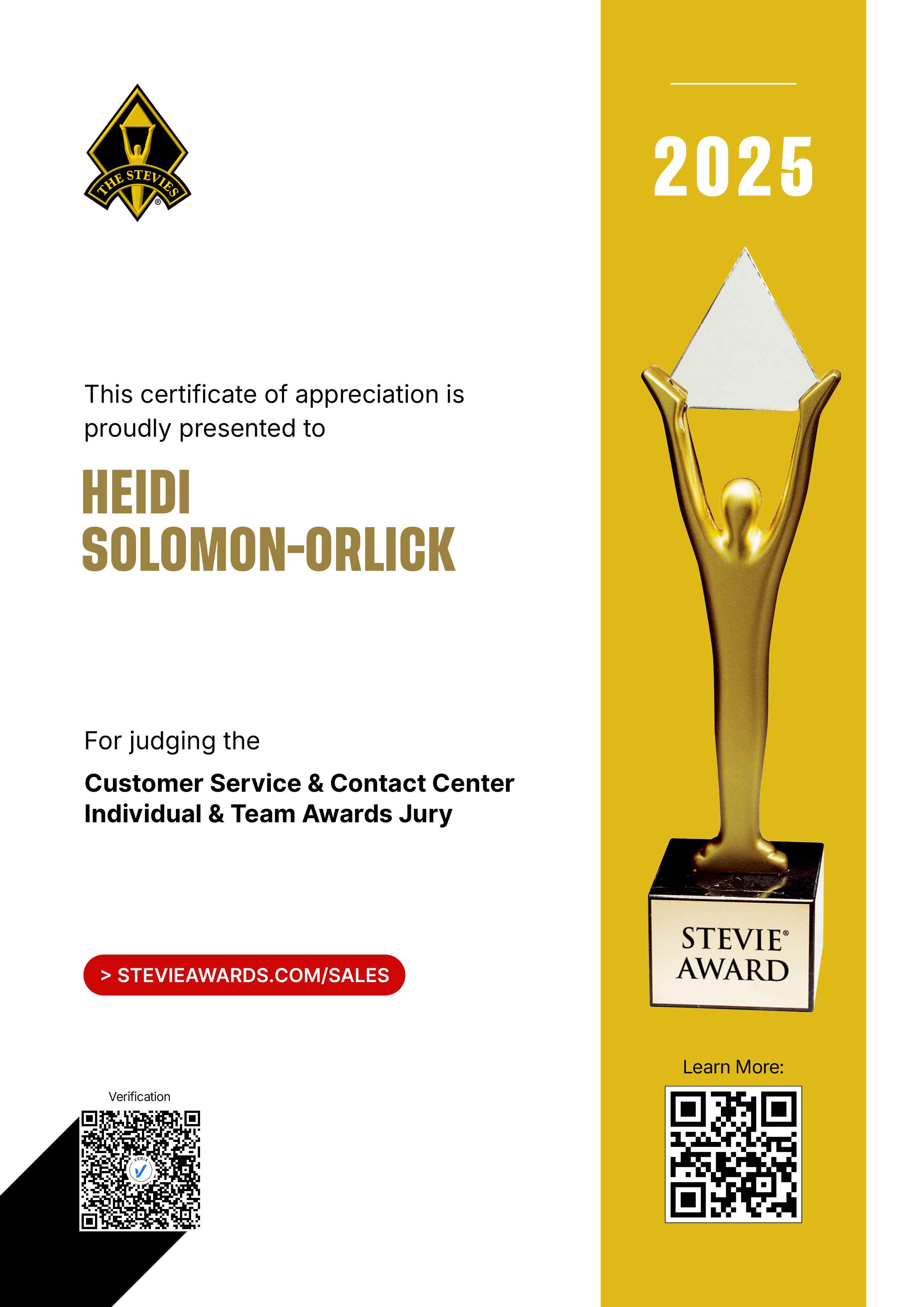 Stevie Awards for Sales & Customer Service Jury Certificate: Heidi Solomon-Orlick