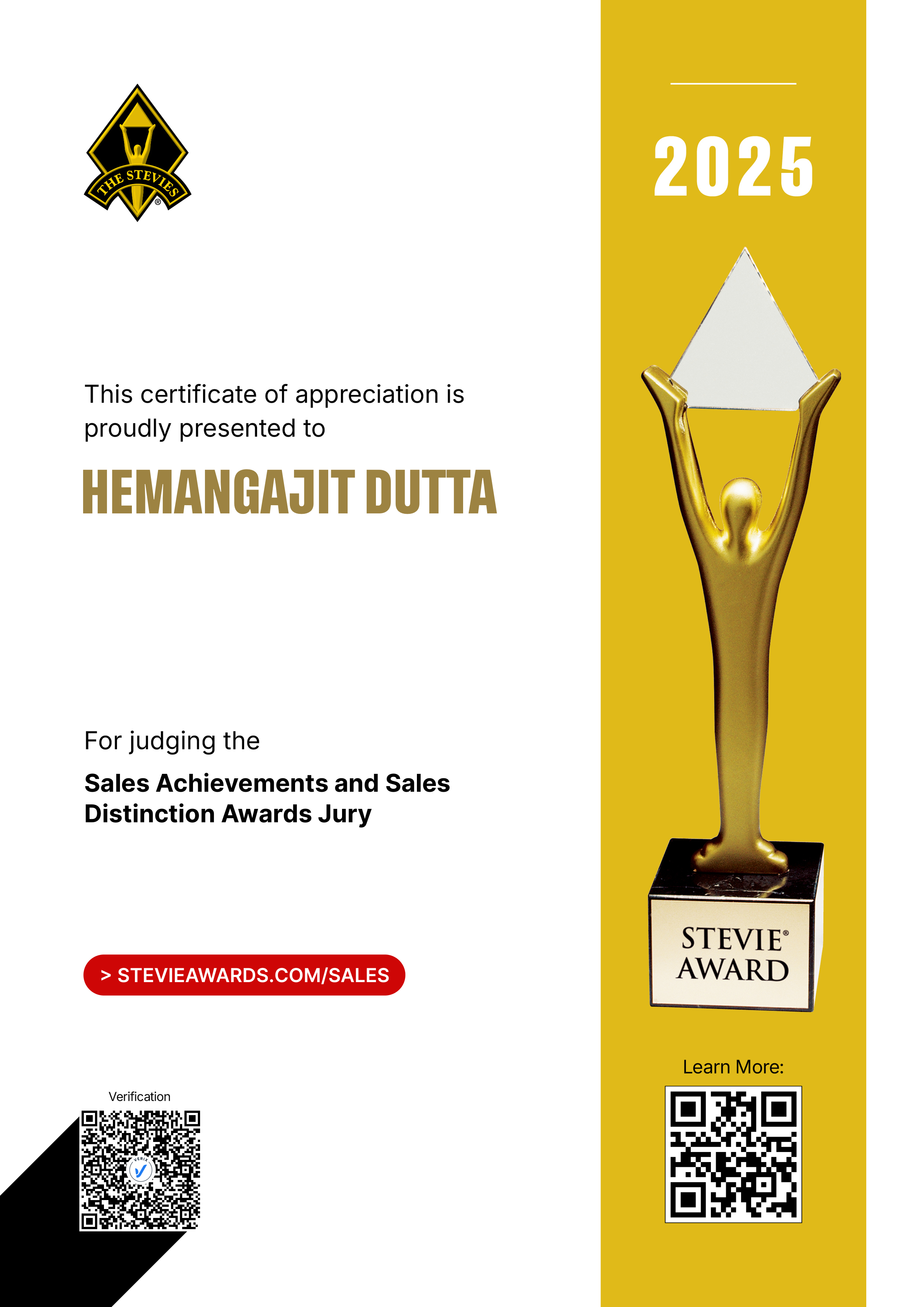 Stevie Awards for Sales & Customer Service Jury Certificate: Hemangajit Dutta