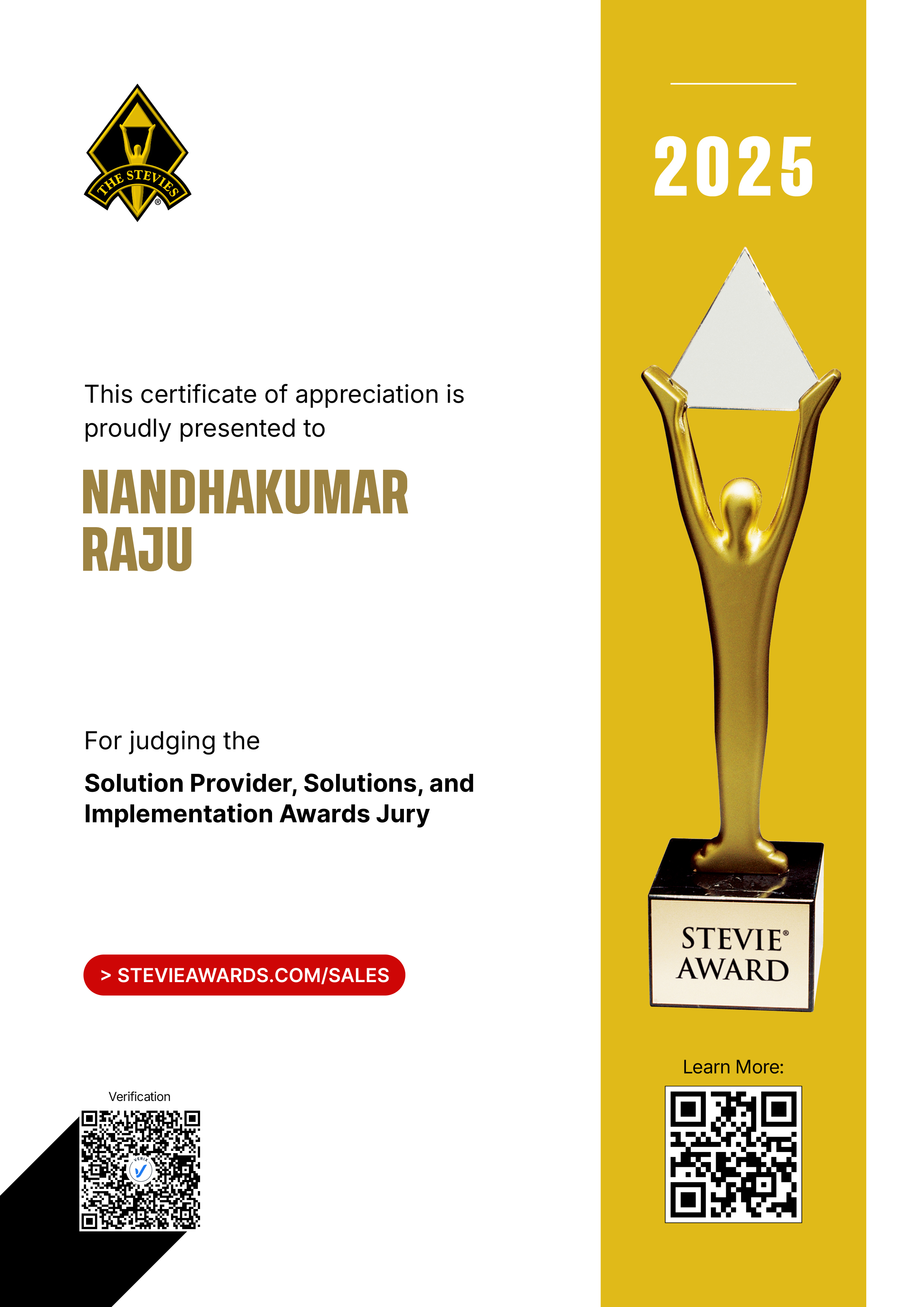 Stevie Awards for Sales & Customer Service Jury Certificate: Nandhakumar Raju