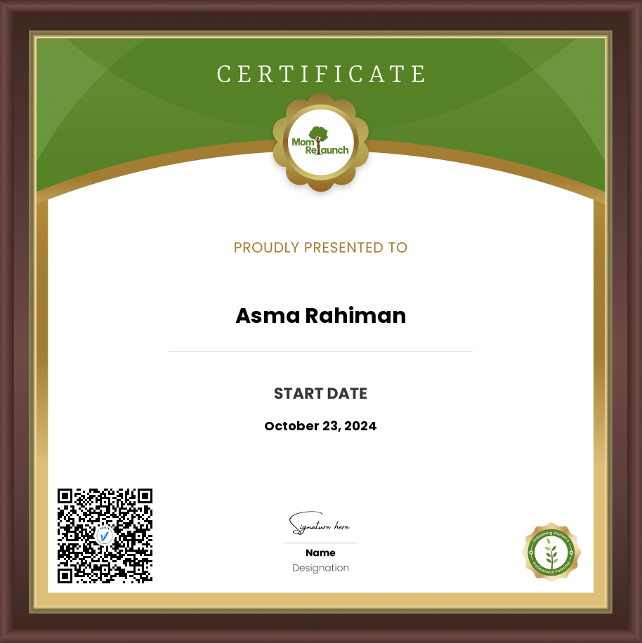 Mom Relaunch Member Certificate: Asma Rahiman