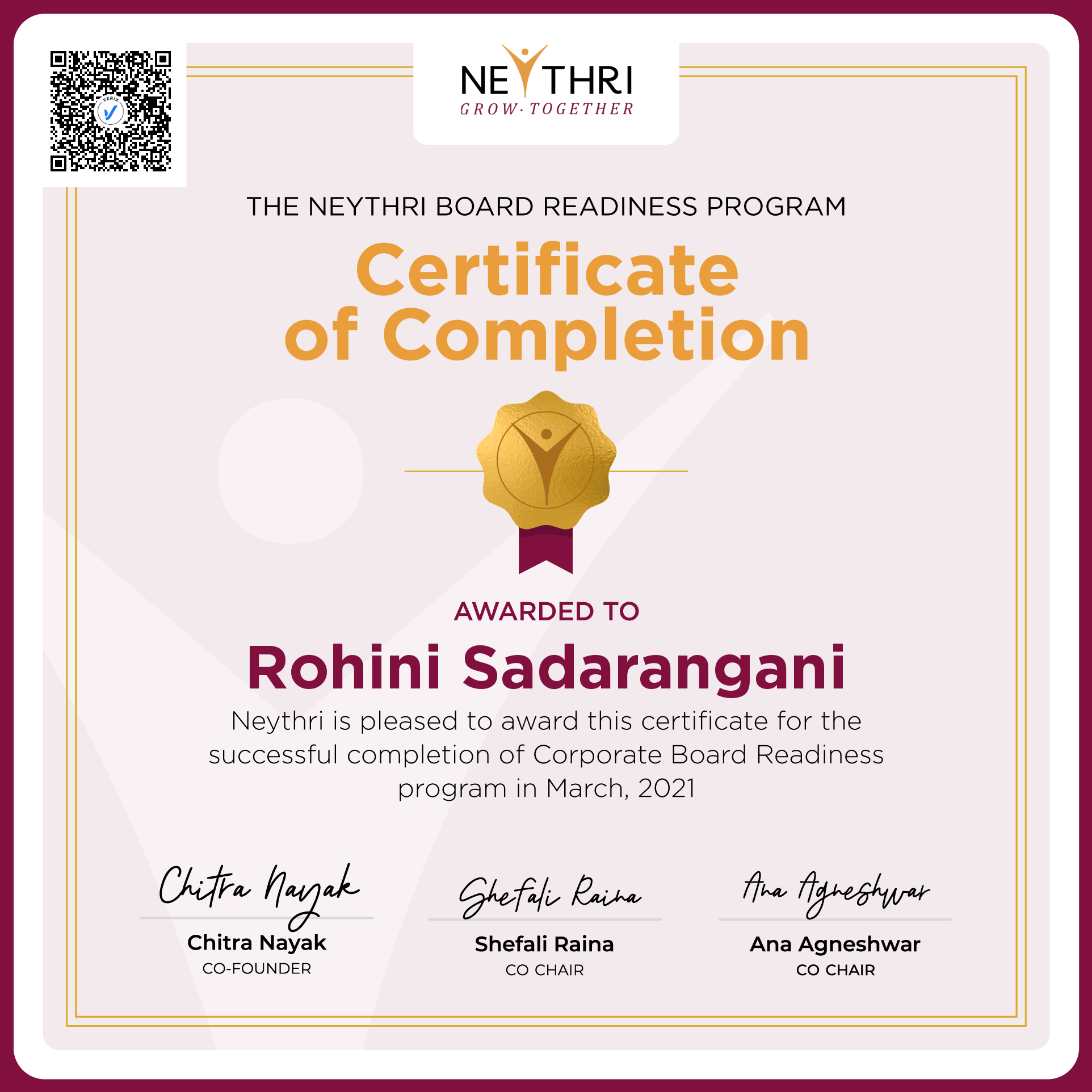 Completion Certificate - Corporate Board Readiness Program: Rohini Sadarangani