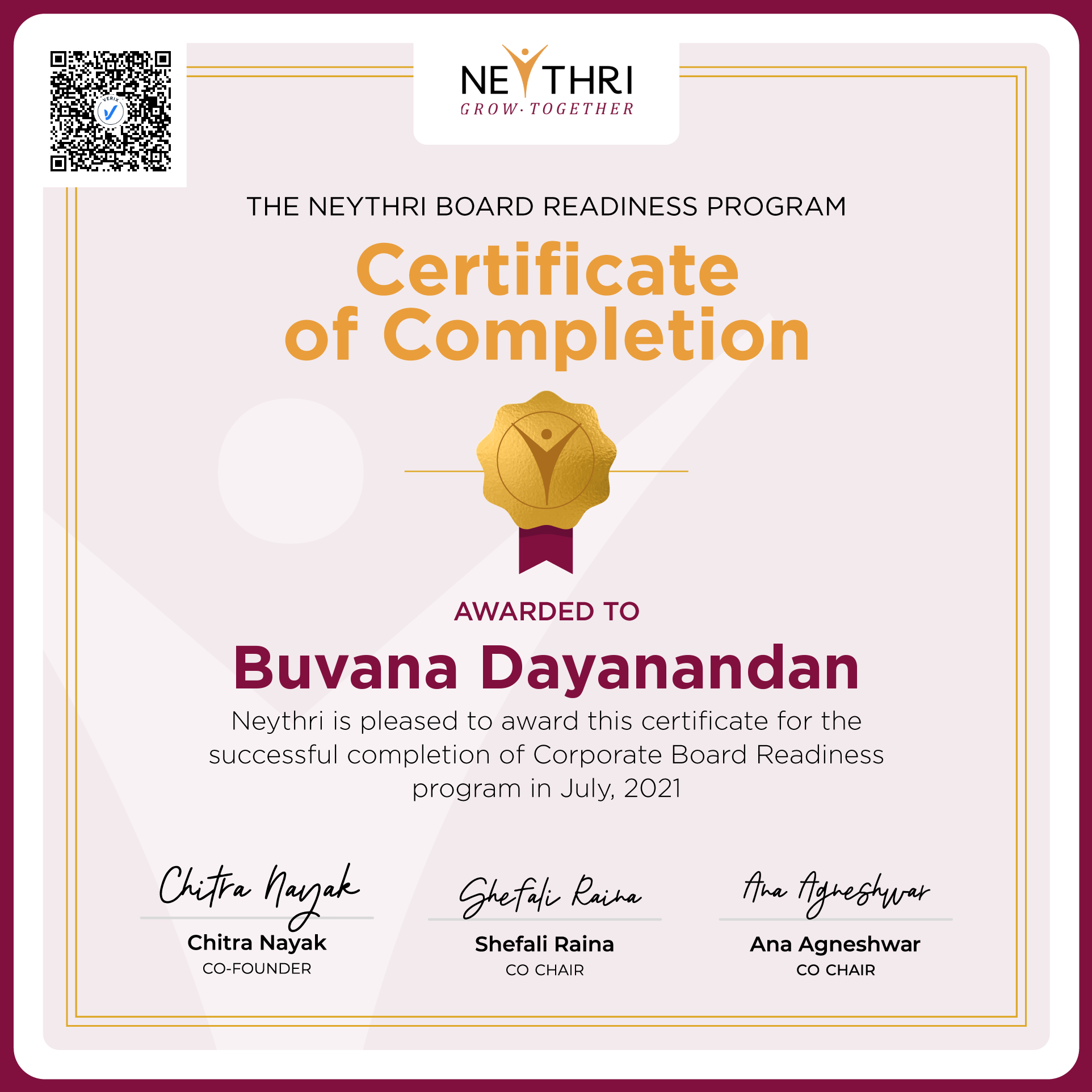 Completion Certificate - Corporate Board Readiness Program: Buvana Dayanandan