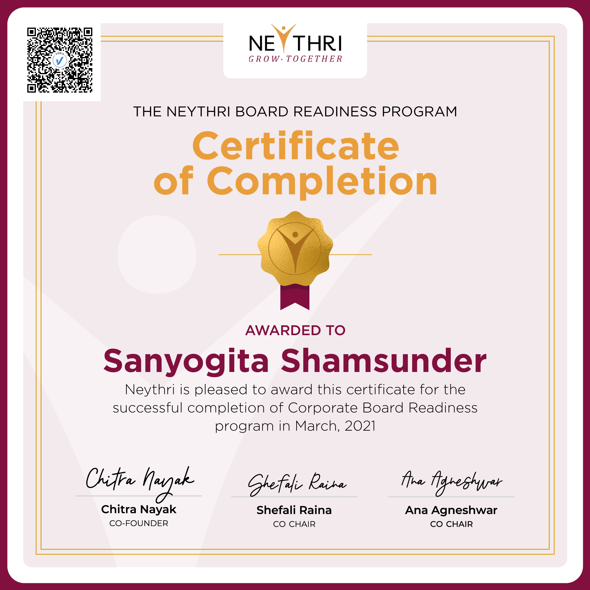 Completion Certificate - Corporate Board Readiness Program: Sanyogita Shamsunder