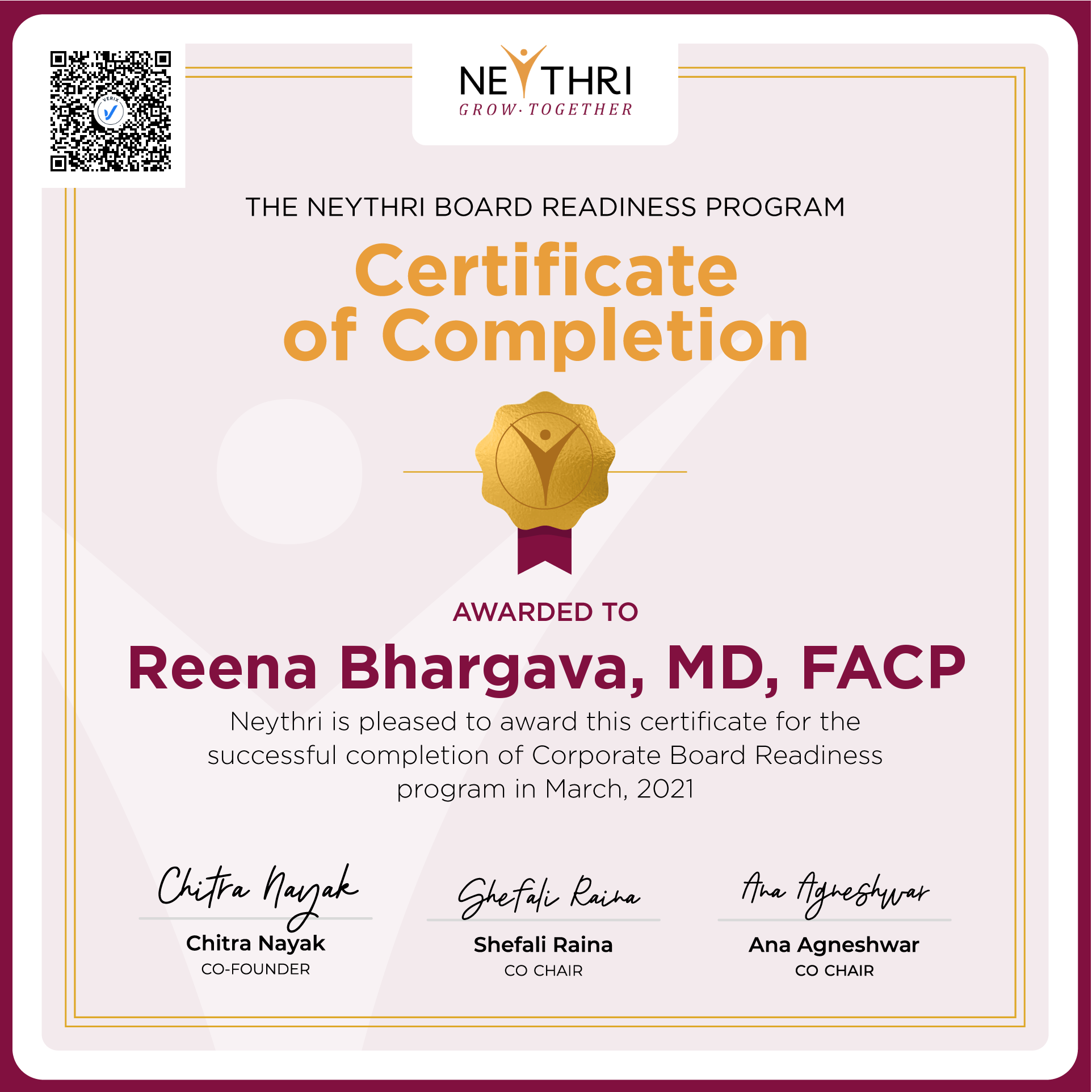 Completion Certificate - Corporate Board Readiness Program: Reena Bhargava, MD, FACP