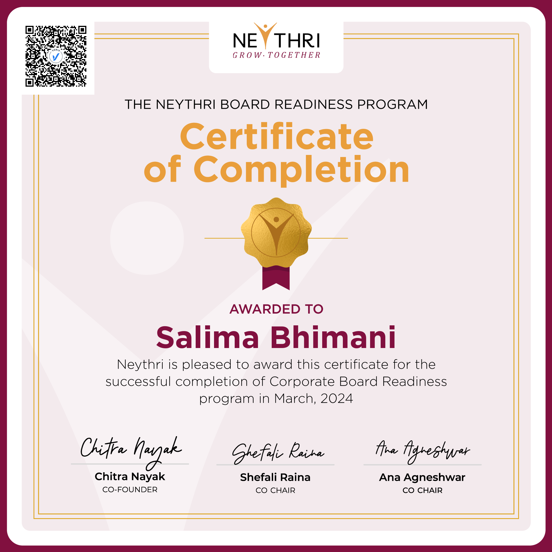 Completion Certificate - Corporate Board Readiness Program: Salima Bhimani
