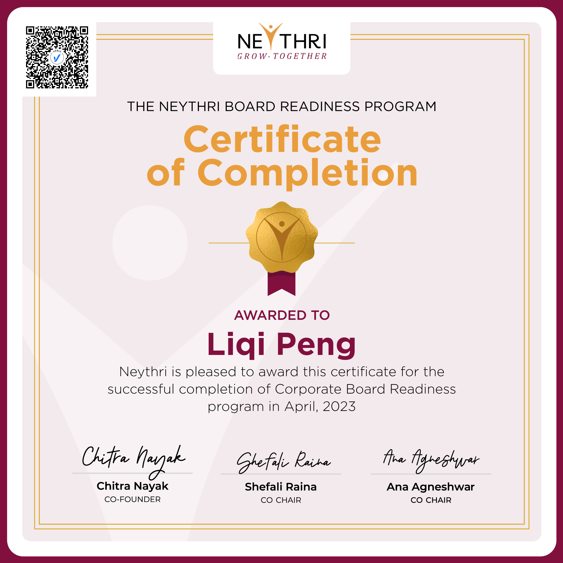 Completion Certificate - Corporate Board Readiness Program: Liqi Peng
