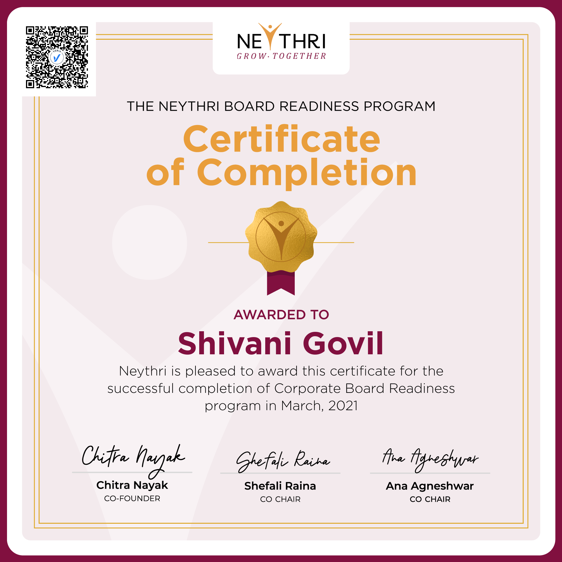 Completion Certificate - Corporate Board Readiness Program: Shivani Govil