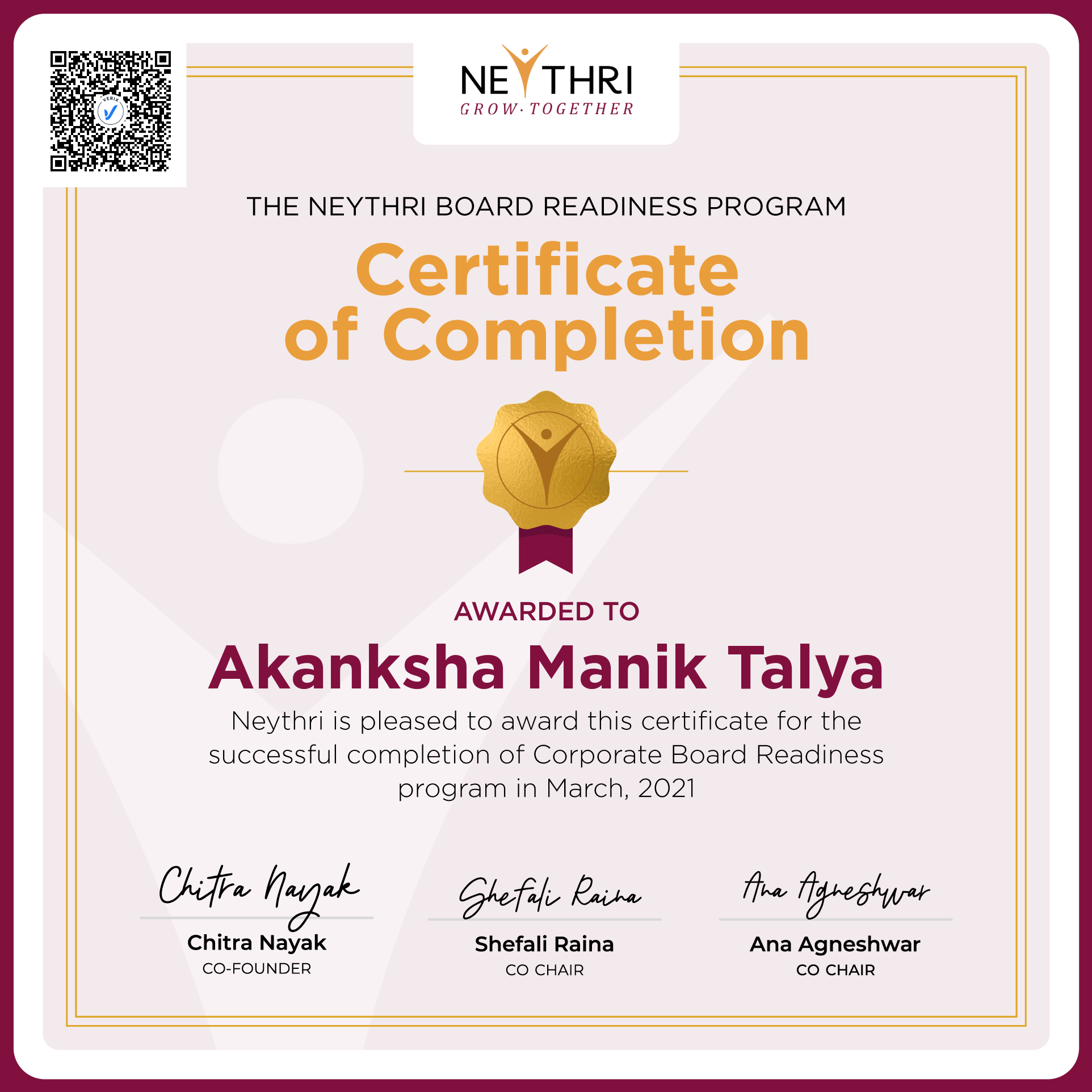 Completion Certificate - Corporate Board Readiness Program: Akanksha Manik Talya