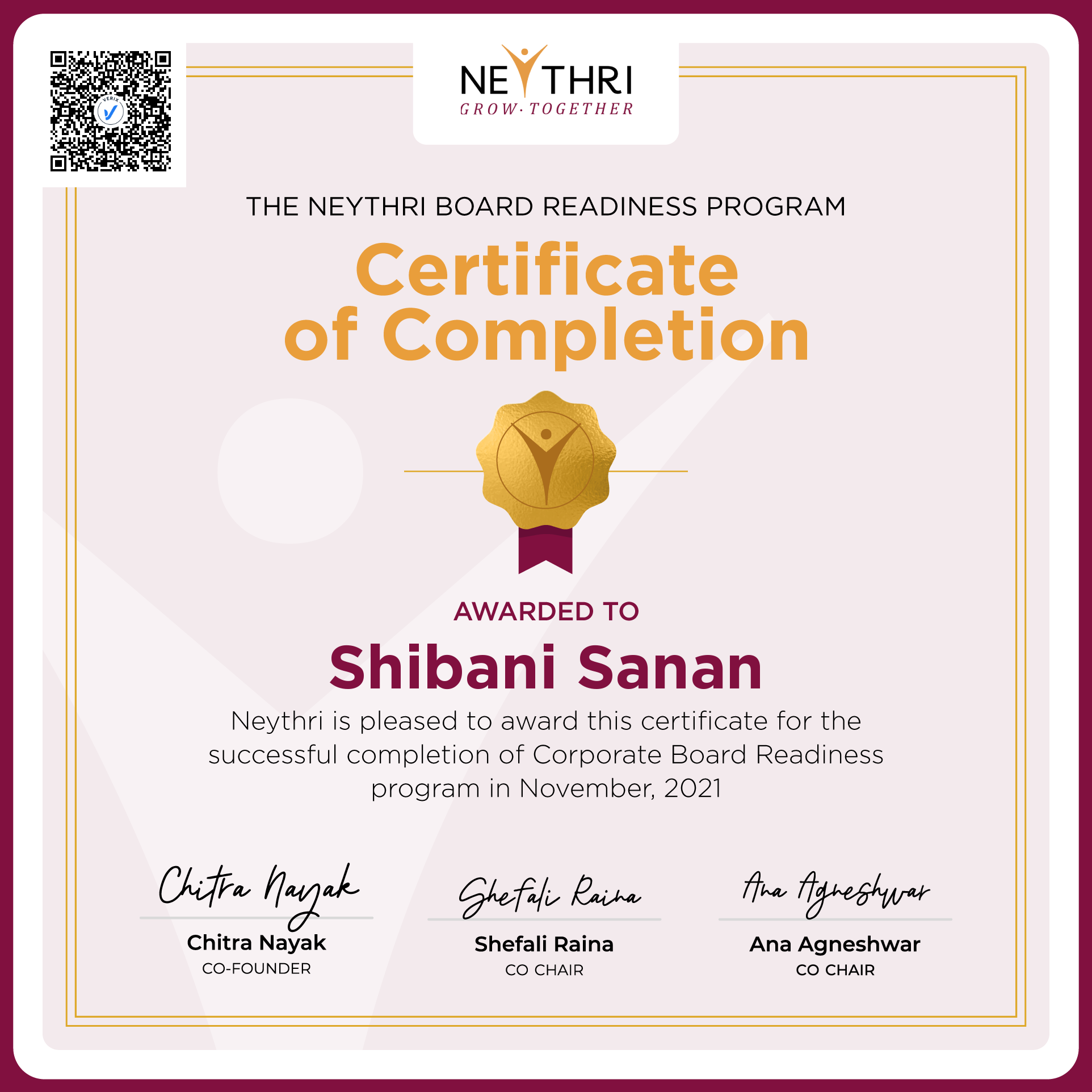Completion Certificate - Corporate Board Readiness Program: Shibani Sanan