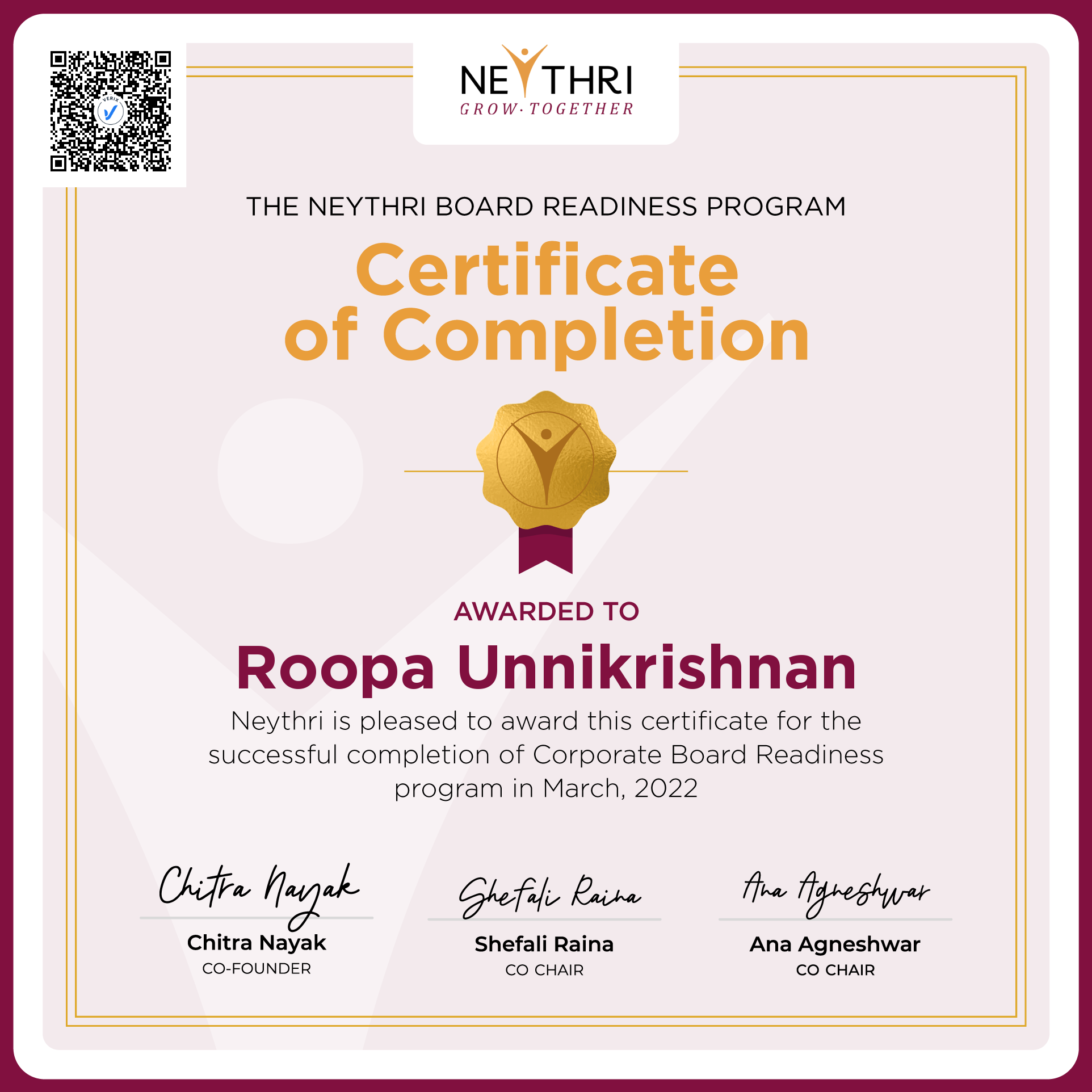 Completion Certificate - Corporate Board Readiness Program: Roopa Unnikrishnan