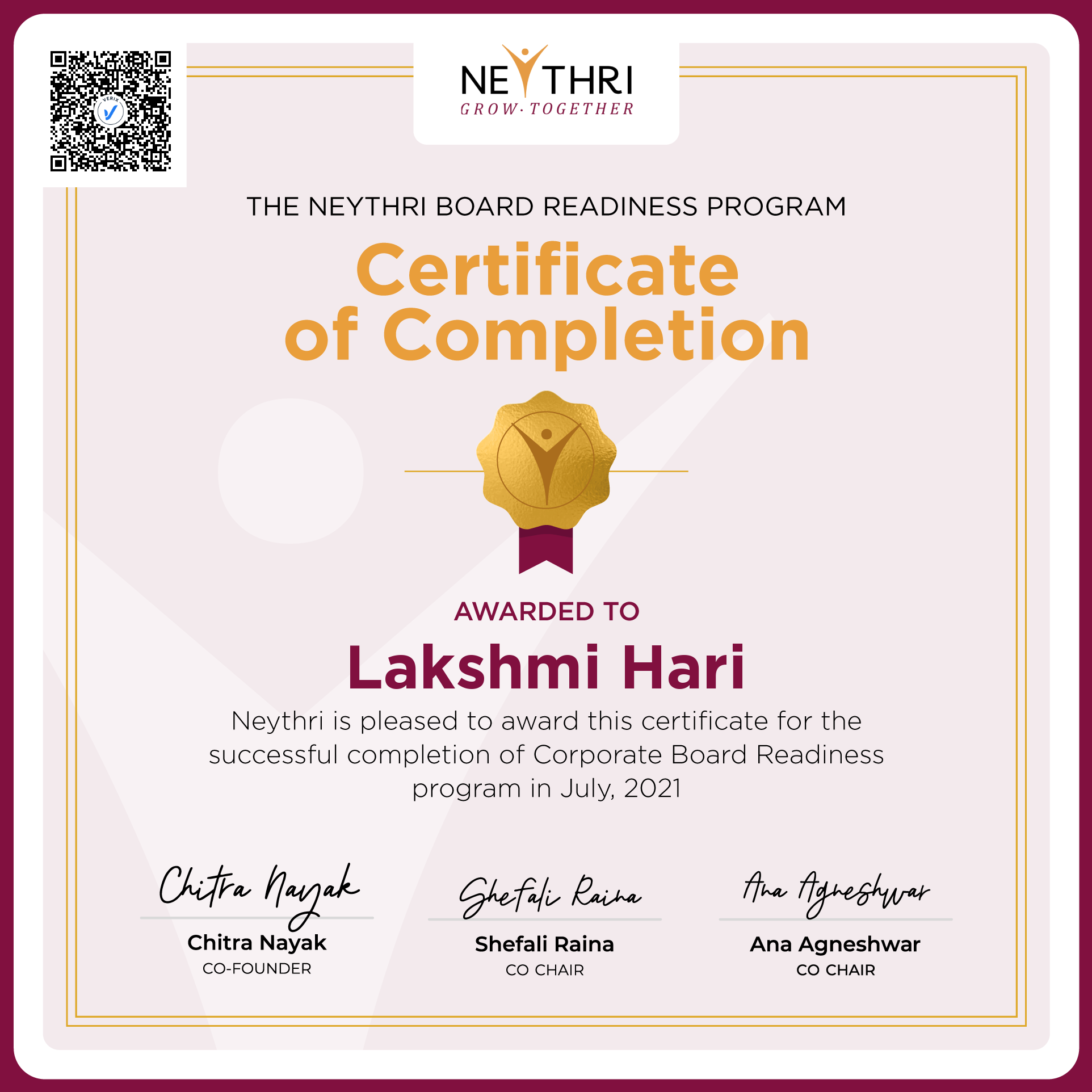 Completion Certificate - Corporate Board Readiness Program: Lakshmi Hari