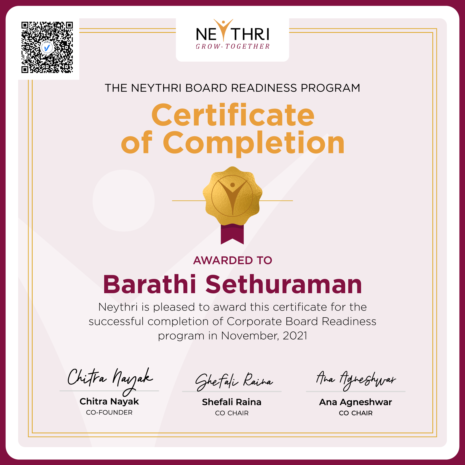 Completion Certificate - Corporate Board Readiness Program: Barathi Sethuraman
