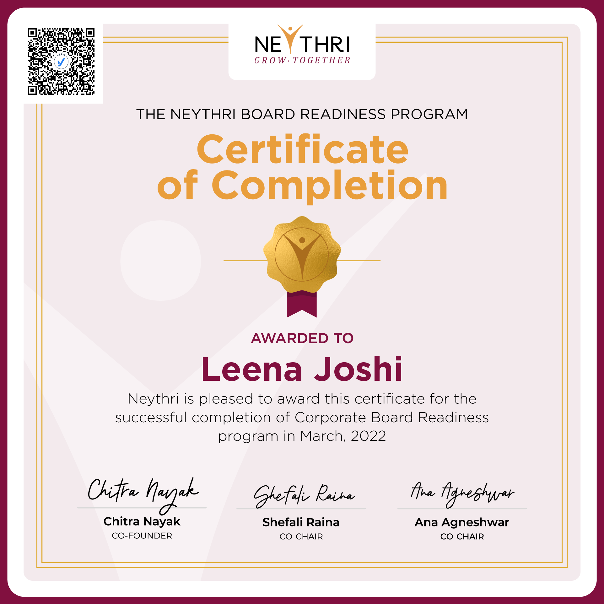 Completion Certificate - Corporate Board Readiness Program: Leena Joshi