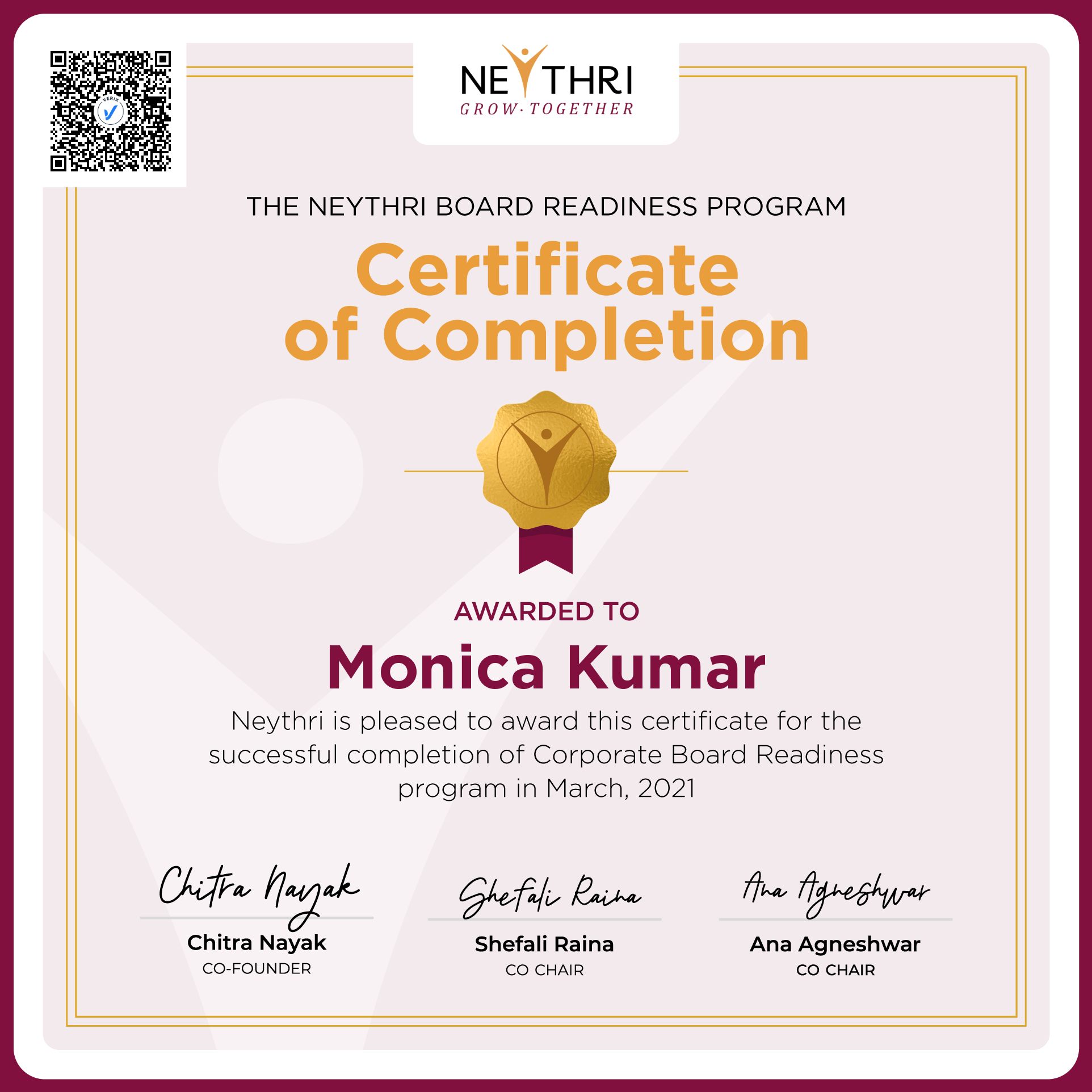 Completion Certificate - Corporate Board Readiness Program: Monica Kumar