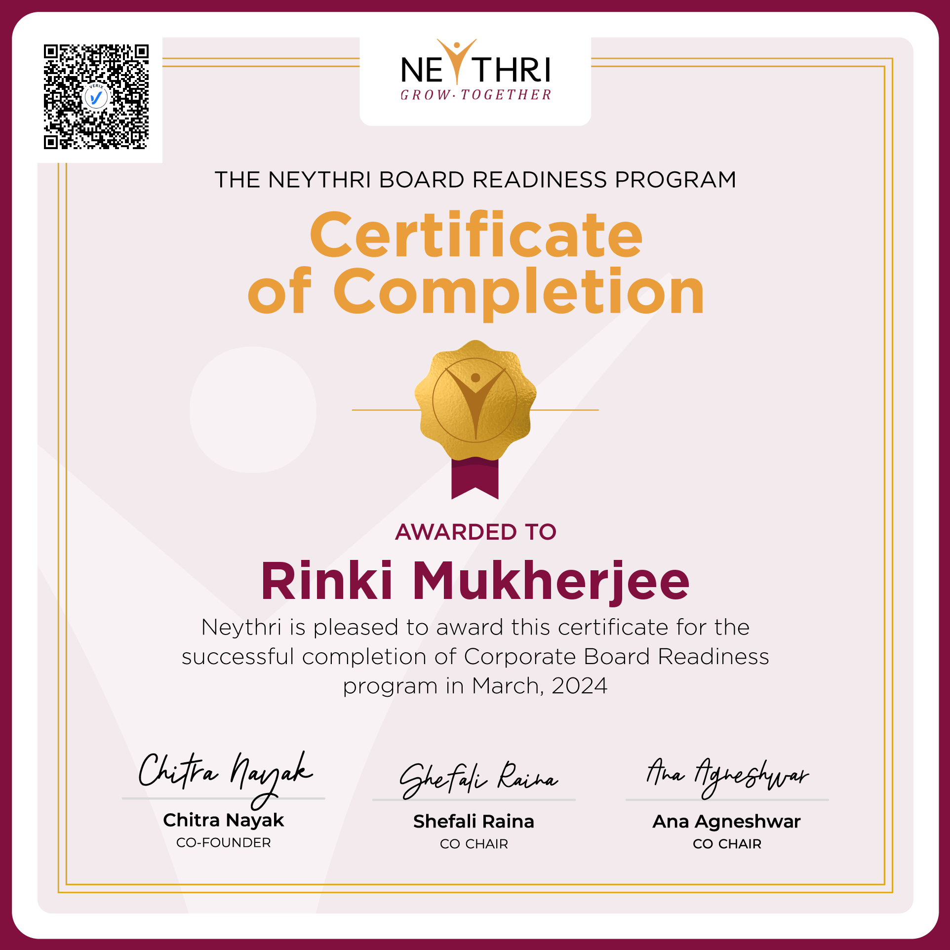 Completion Certificate - Corporate Board Readiness Program: Rinki Mukherjee