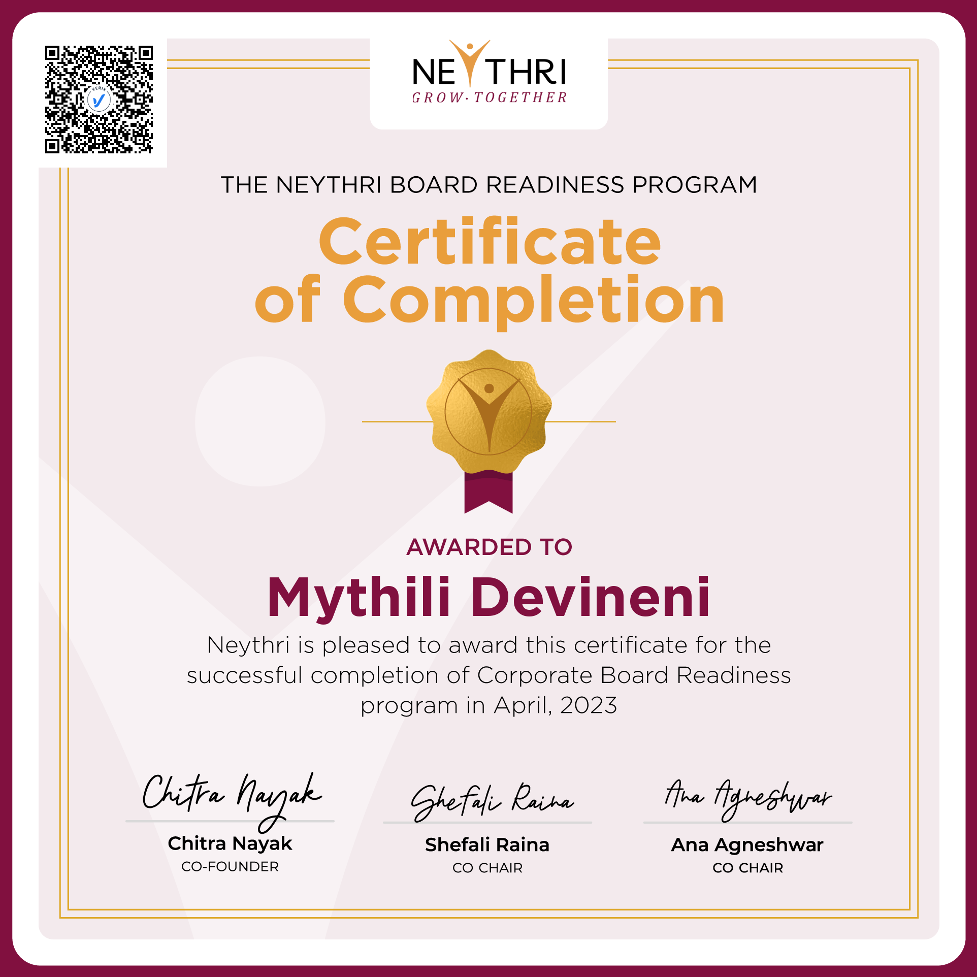 Completion Certificate - Corporate Board Readiness Program: Mythili Devineni