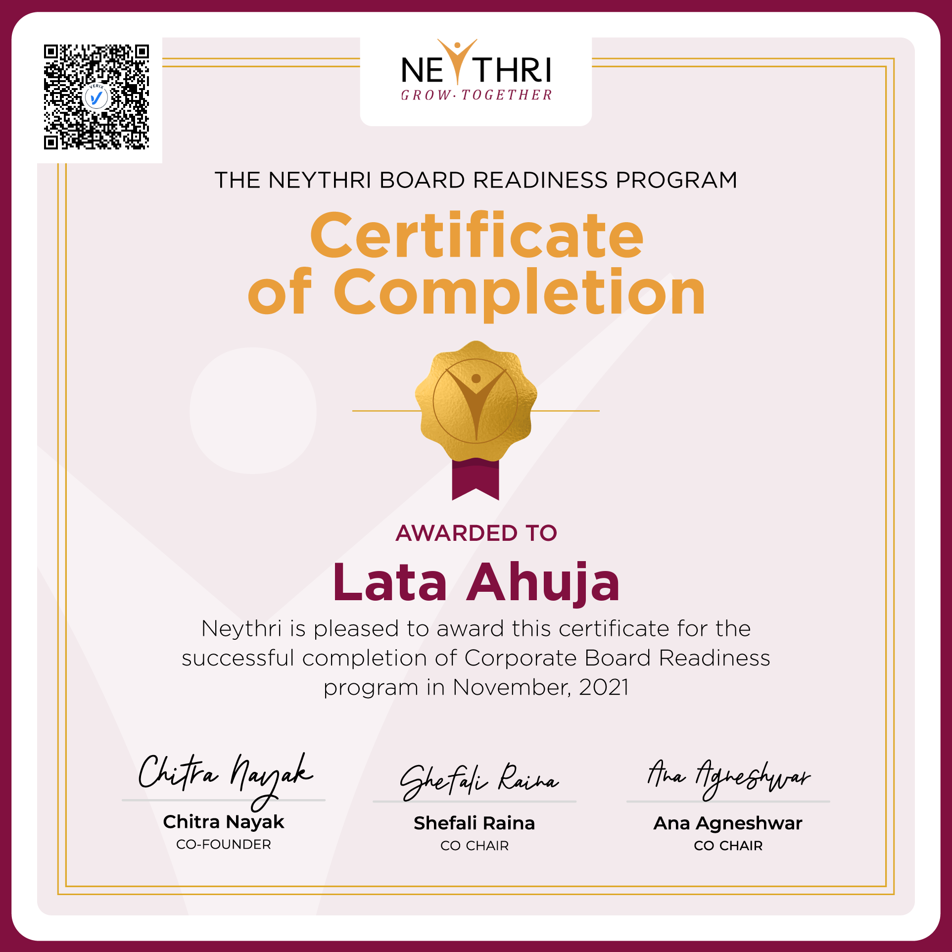 Completion Certificate - Corporate Board Readiness Program: Lata Ahuja
