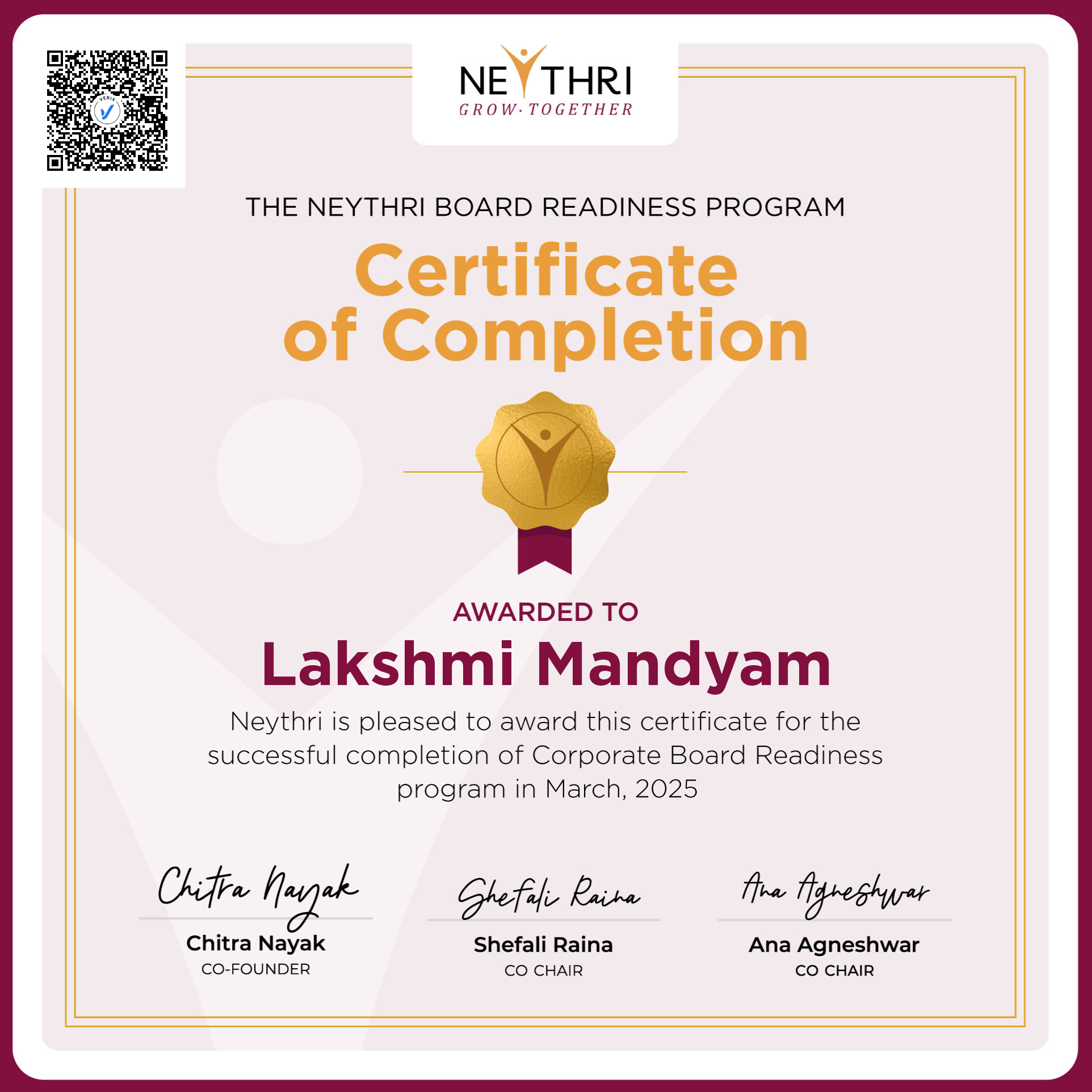 Certificate of Completion - Corporate Board Readiness Program