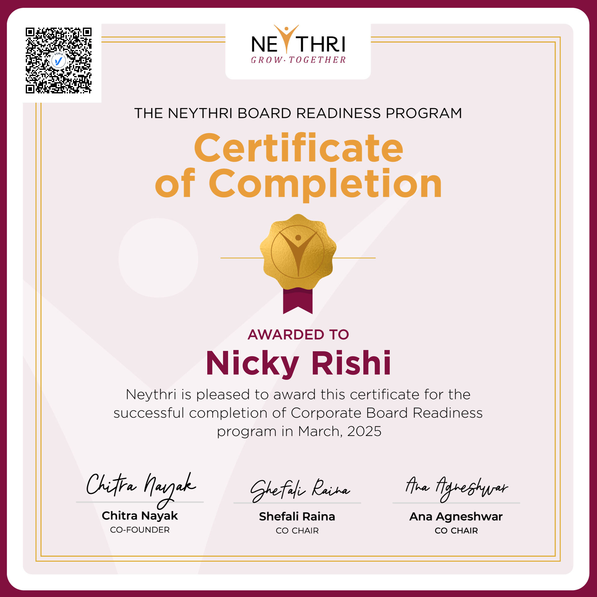 Certificate of Completion - Corporate Board Readiness Program