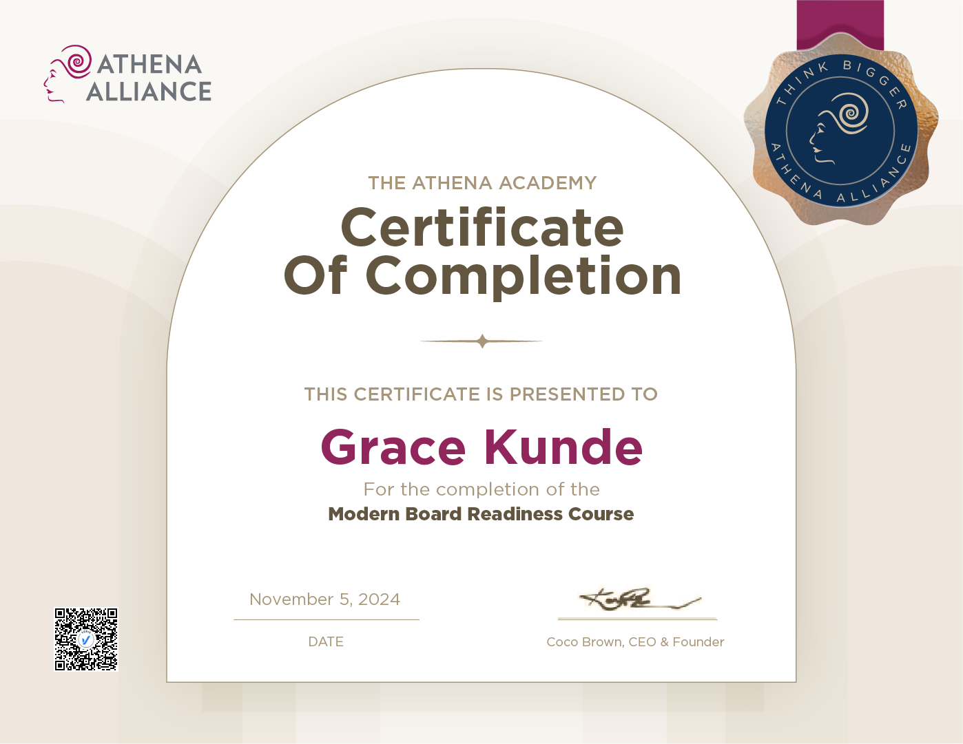 Modern Board Readiness Course Completion Certificate: Grace Kunde