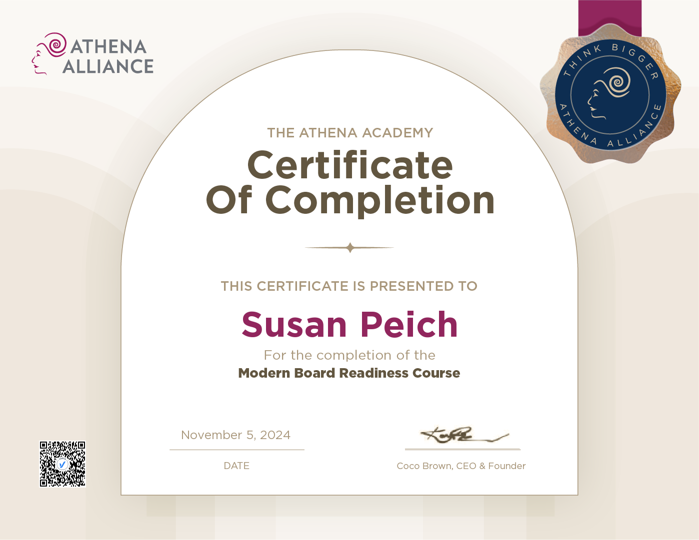 Modern Board Readiness Course Completion Certificate: Susan Peich