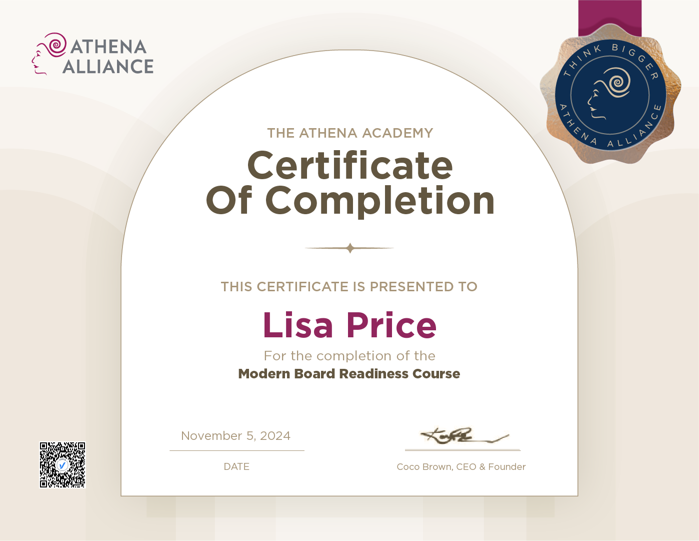 Modern Board Readiness Course Completion Certificate: Lisa Price