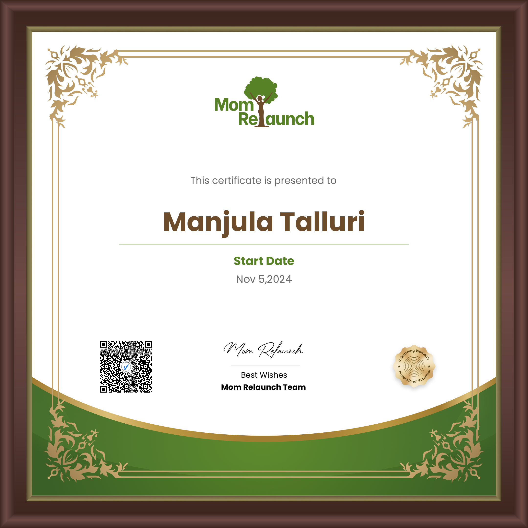 Mom Relaunch Member Certificate:Manjula Talluri