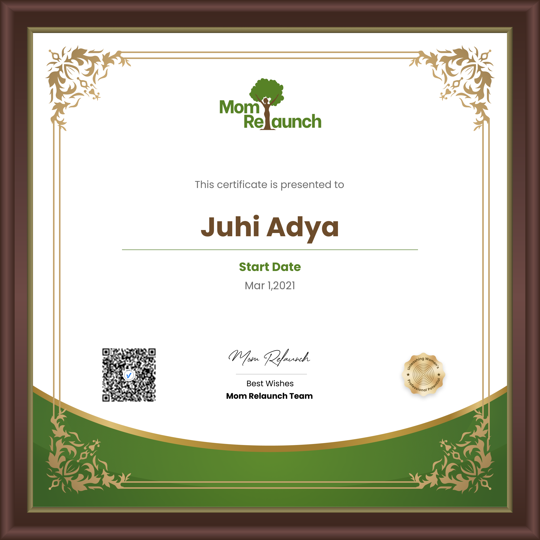 Mom Relaunch Member Certificate: Juhi Adya
