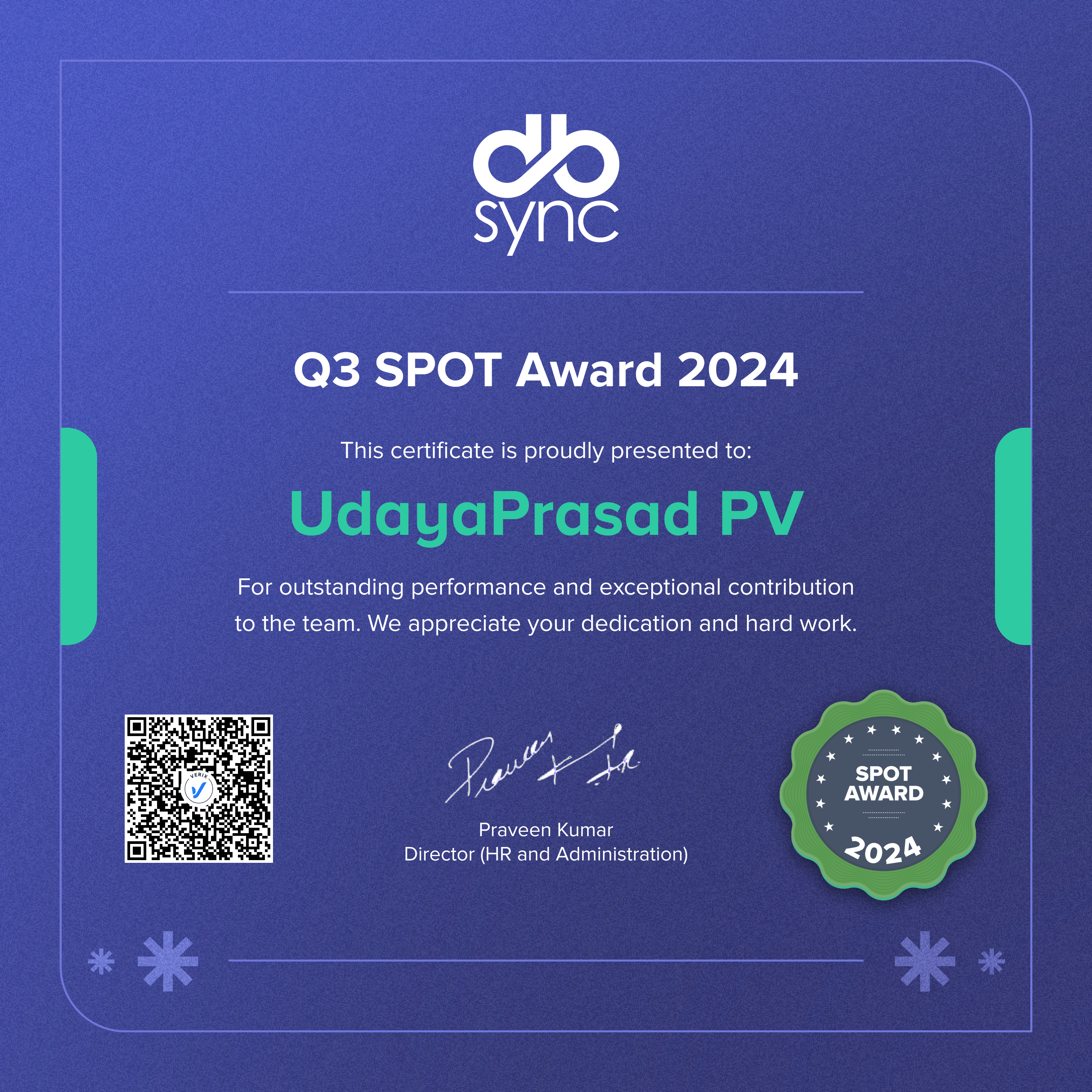 Q3 SPOT Award 2024: UdayaPrasad PV